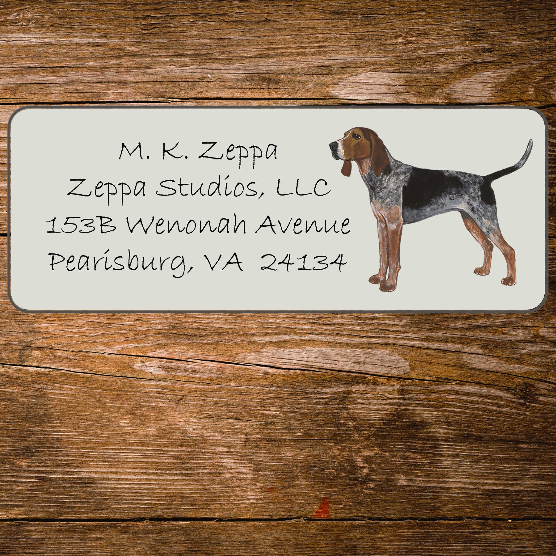 Return address label with an illustration of an American English Coonhound