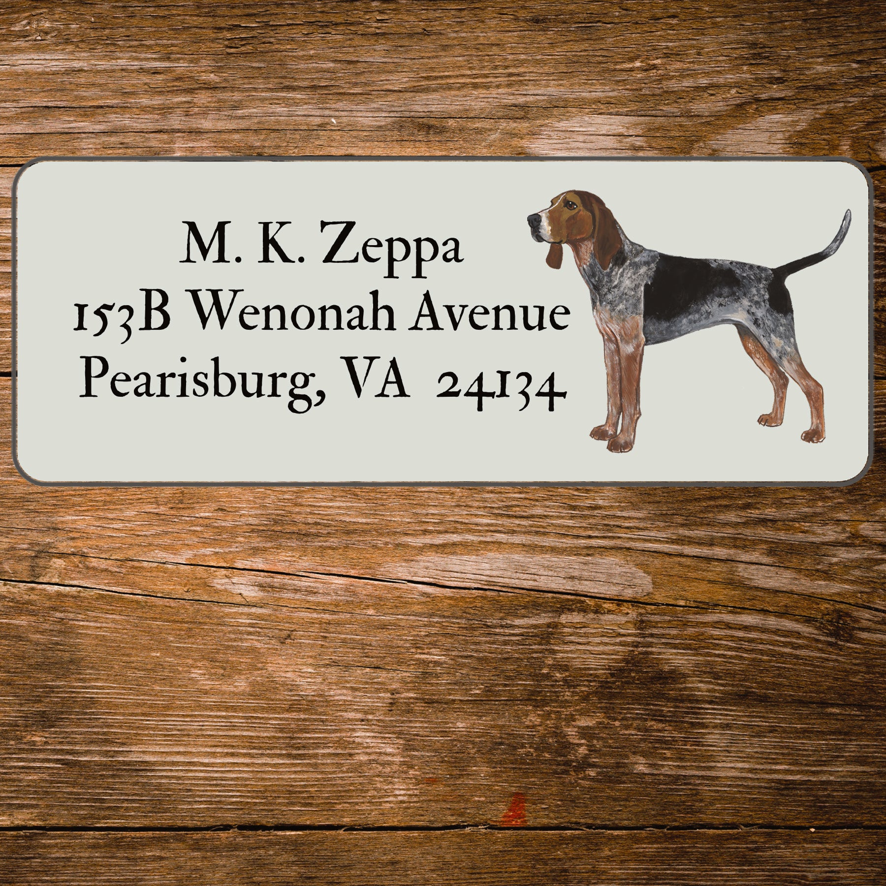 Return address label with an illustration of an American English Coonhound