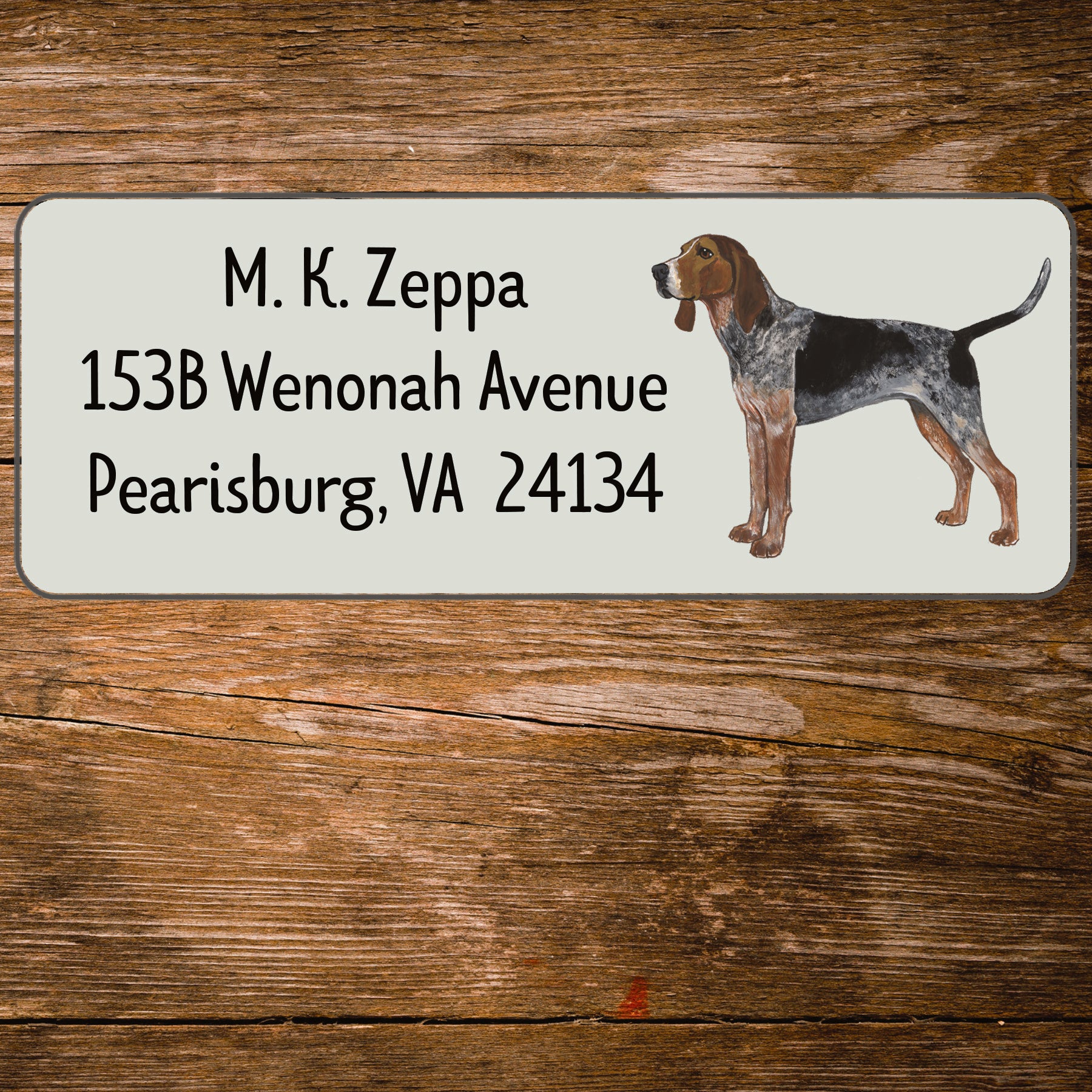 Return address label with an illustration of an American English Coonhound