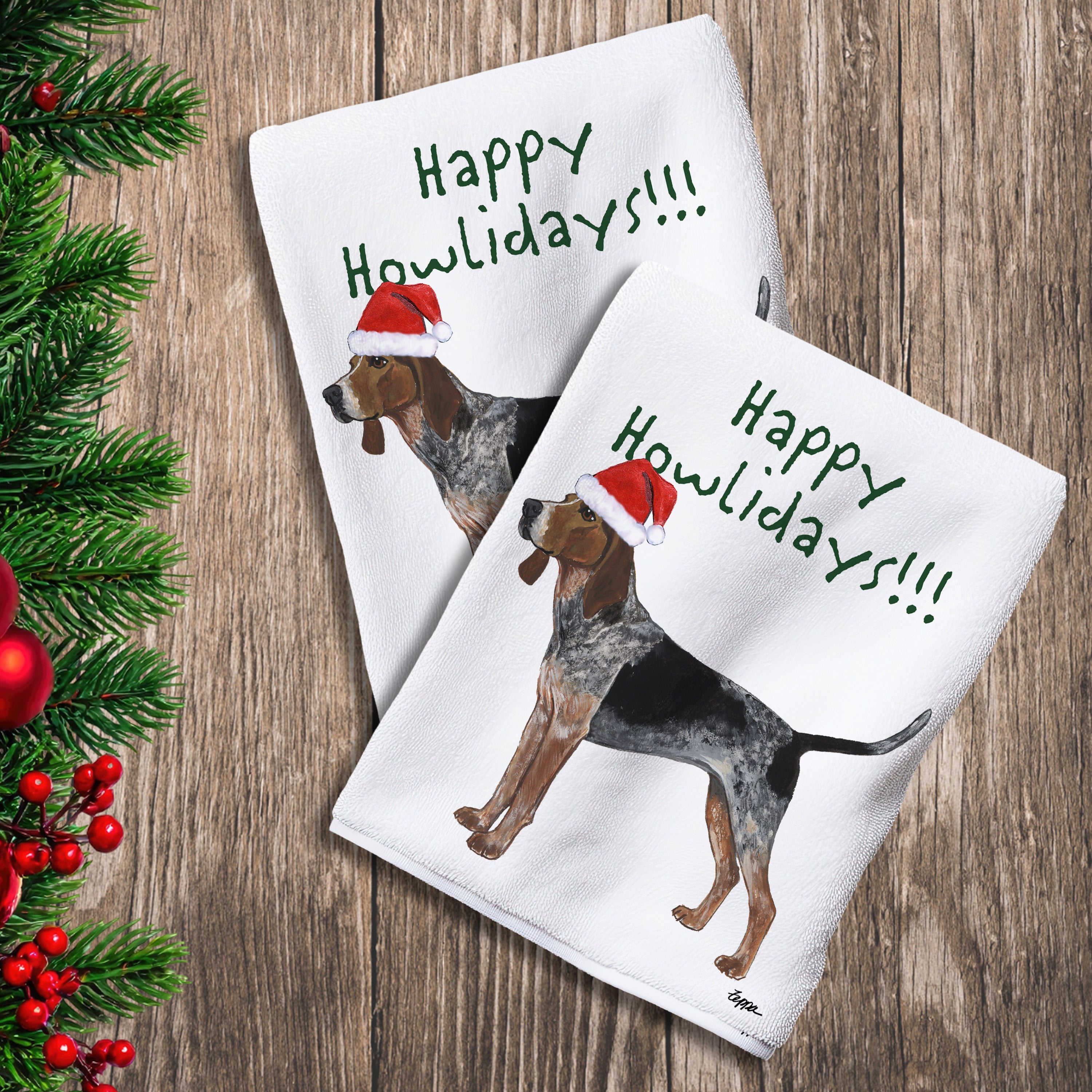 2 Kitchen Towels with an American English Coonhound in a Santa Hat and Happy Howlidays text.