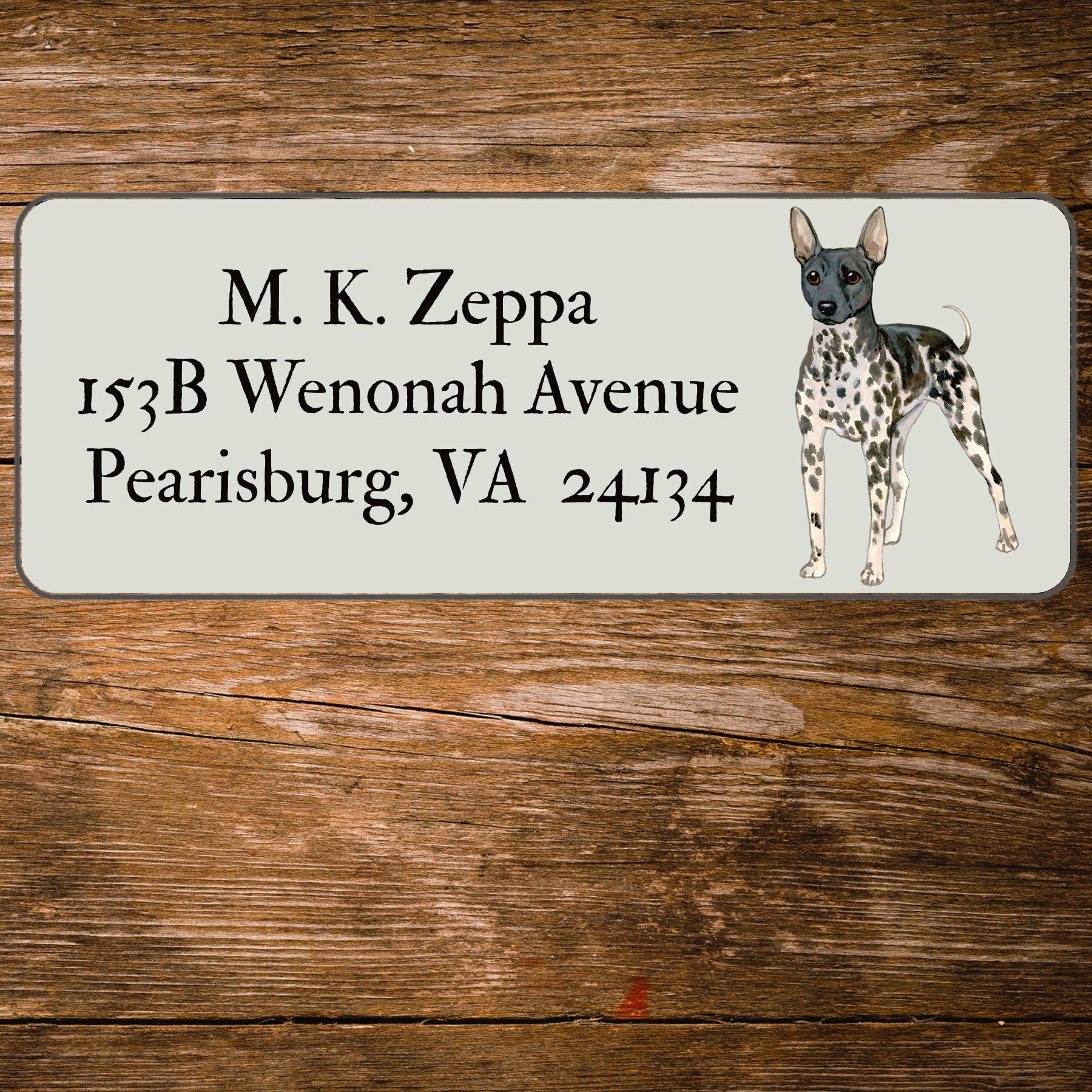 Return address label with an illustration of an American Hairless Terrier