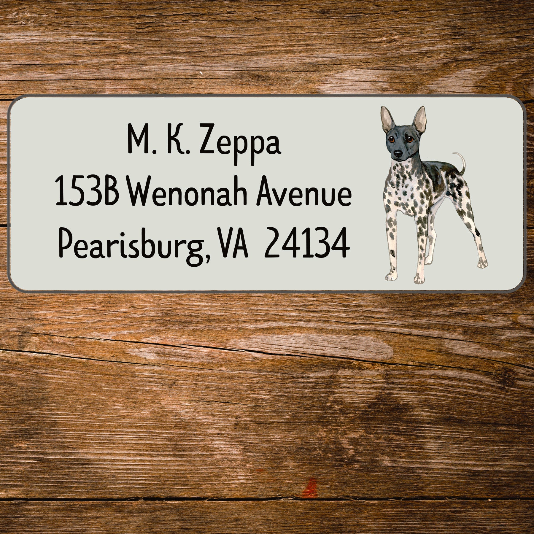 Return address label with an illustration of an American Hairless Terrier