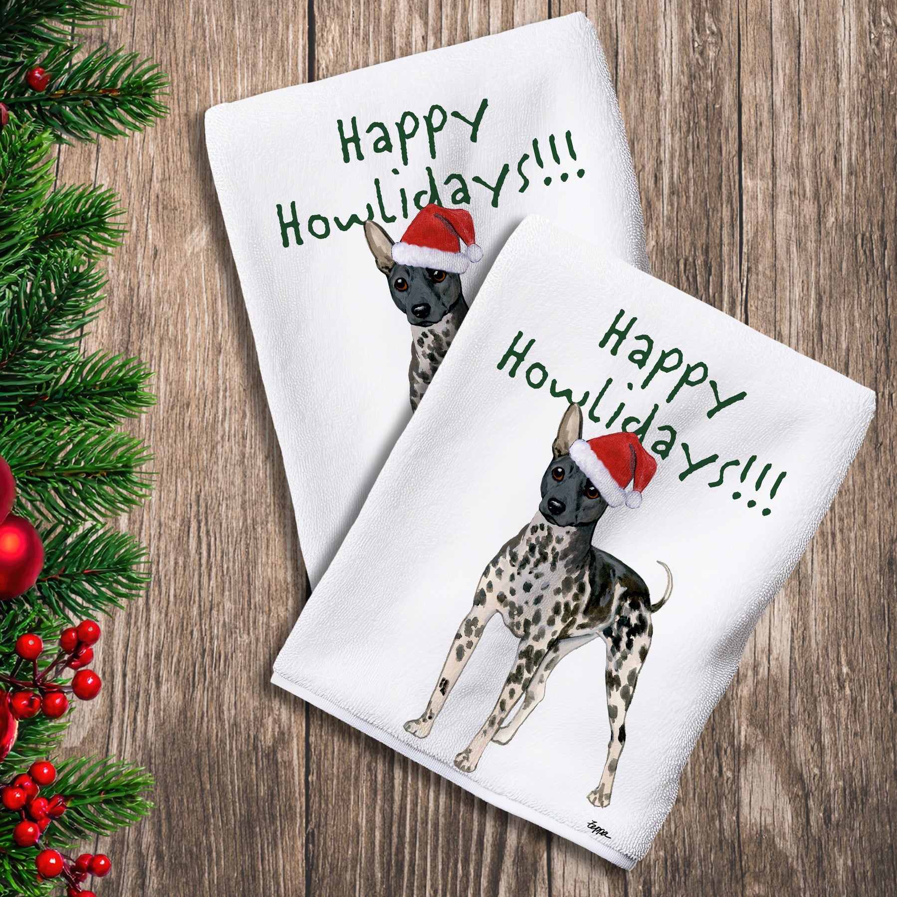 2 Kitchen Towels with an American Hairless Terrier in a Santa Hat and Happy Howlidays text.