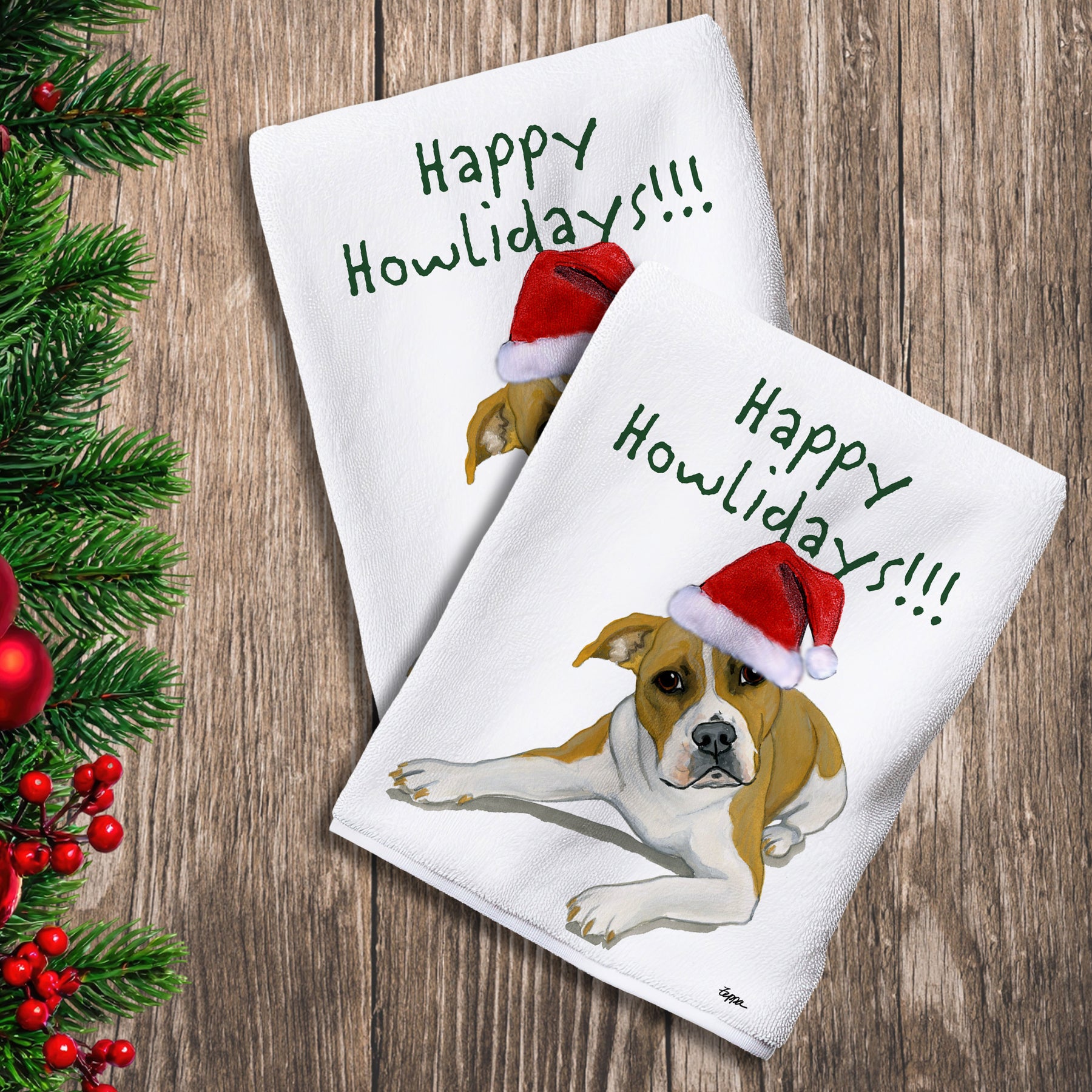 2 Kitchen Towels with a Pit Bull Terrier in a Santa Hat and Happy Howlidays text.