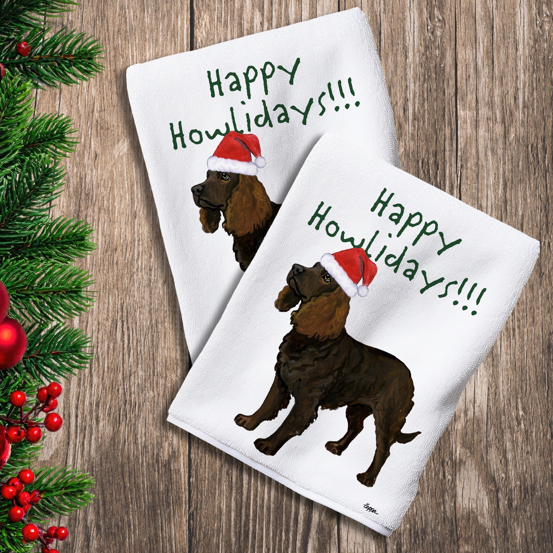 2 Kitchen Towels with an American Water Spaniel in a Santa Hat and Happy Howlidays text.