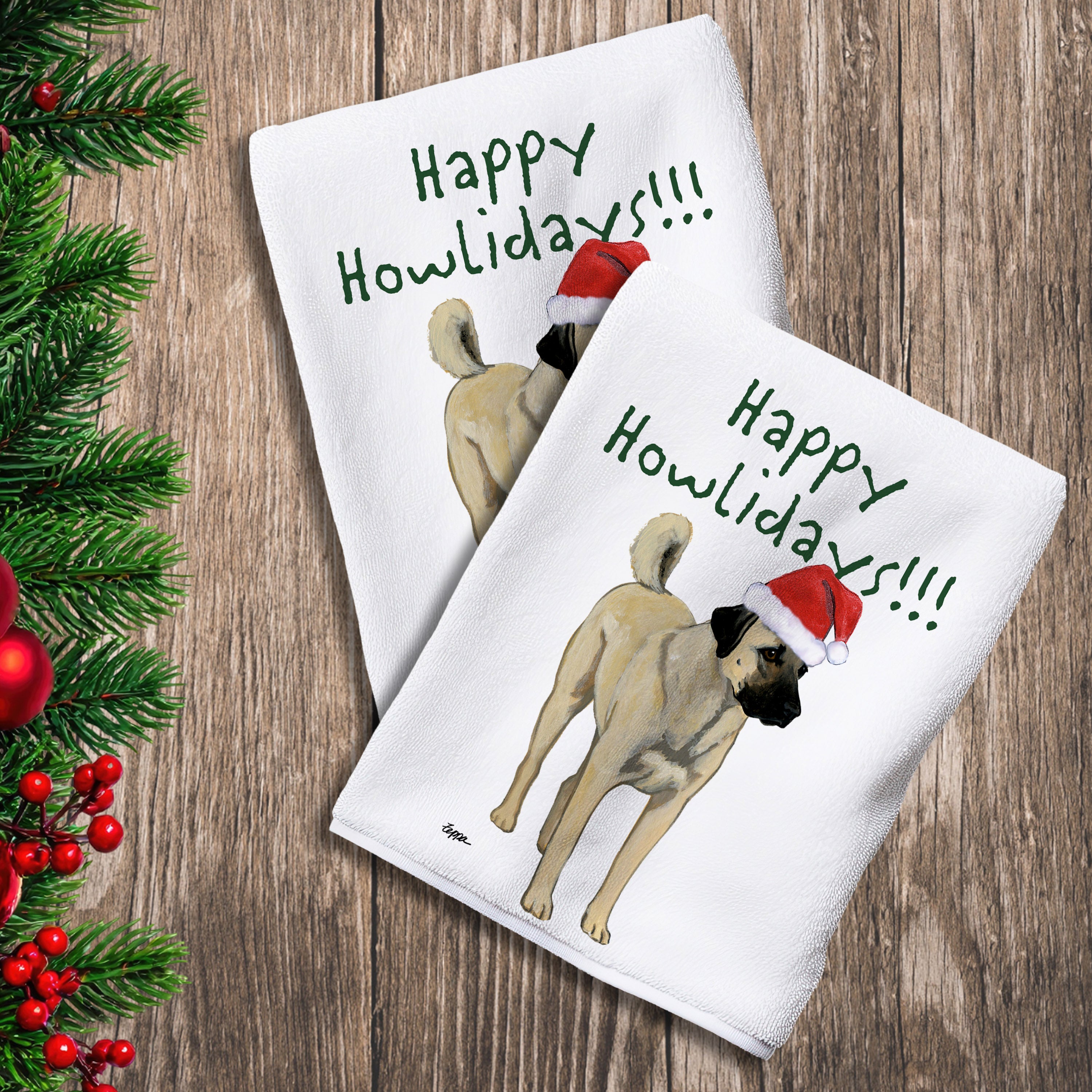 2 Kitchen Towels with an Anatolian Shepherd Dog in a Santa Hat and Happy Howlidays text.