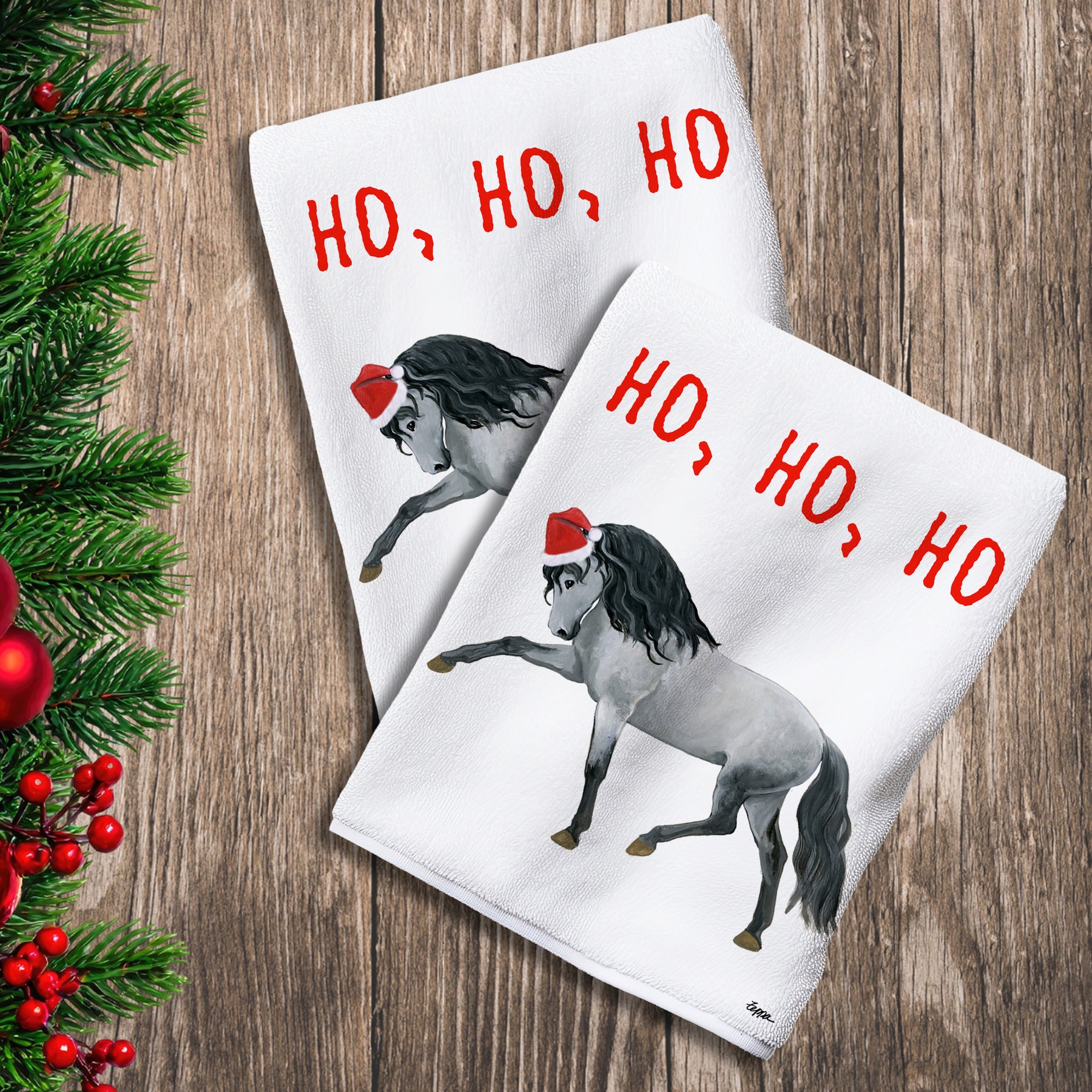 2 Kitchen Towels with an Andalusian horse in a Santa Hat and Ho Ho Ho text.