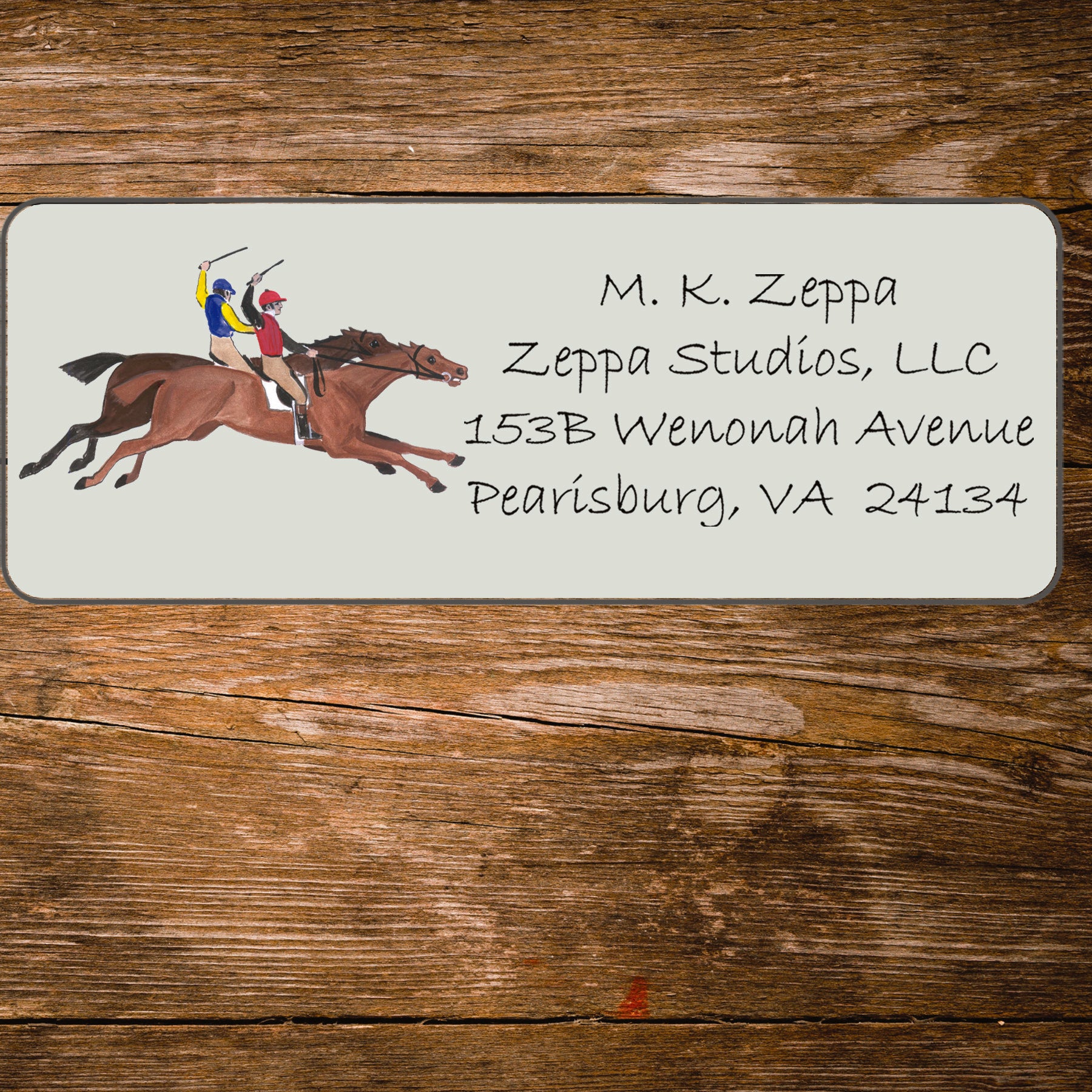 Address label with an antique horse race illustration on a wooden background