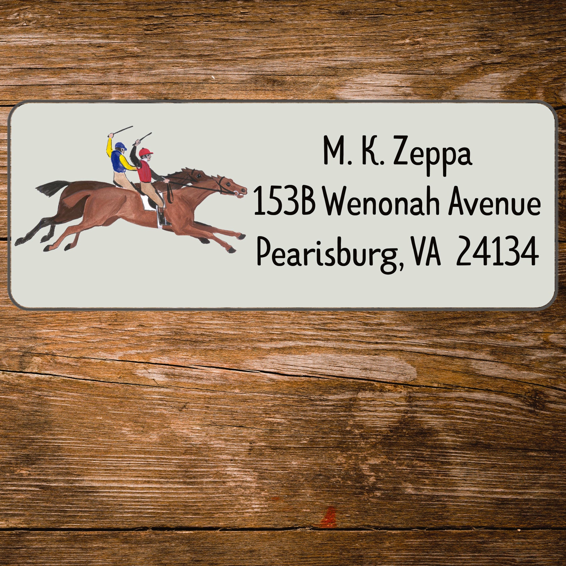 Address label with an antique horse race illustration on a wooden background