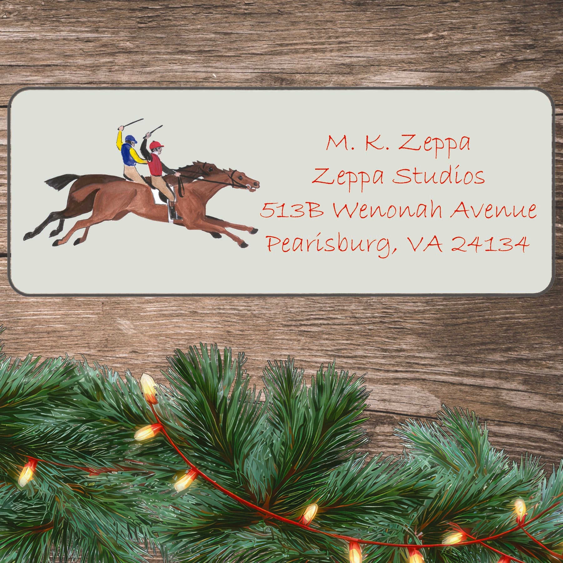 Holiday return address label with antique racehorse illustration.