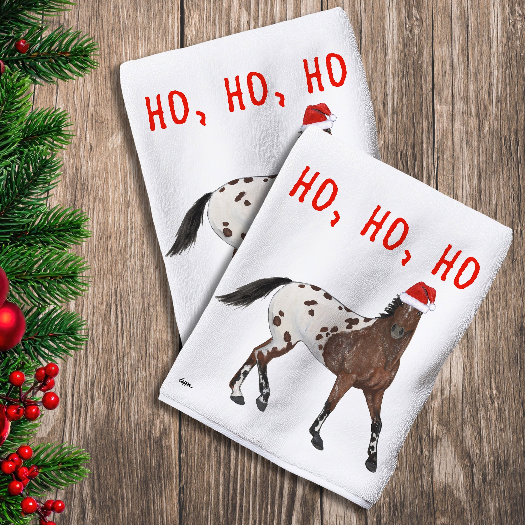 2 Kitchen Towels with an Appaloosa horse in a Santa Hat and Ho Ho Ho text.