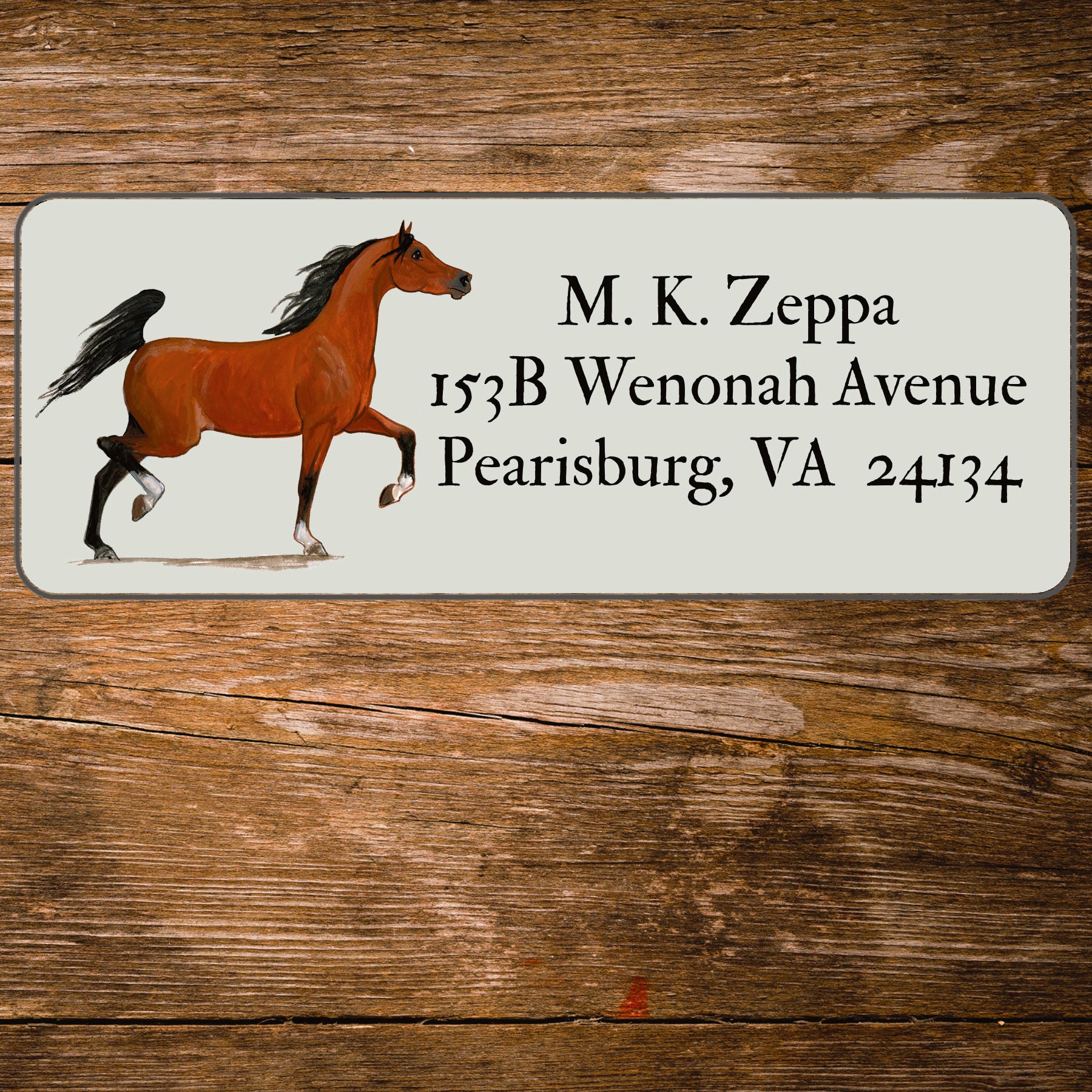 Address label with an Arabian Horse illustration on a wooden background