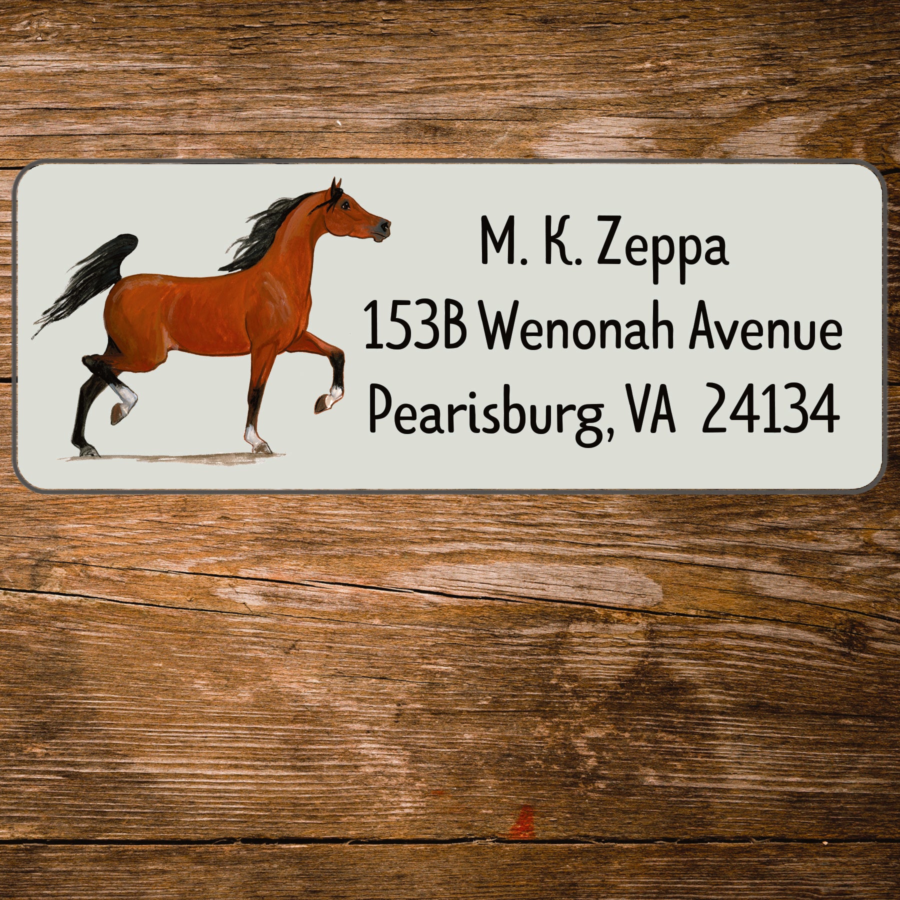 Address label with an Arabian Horse illustration on a wooden background