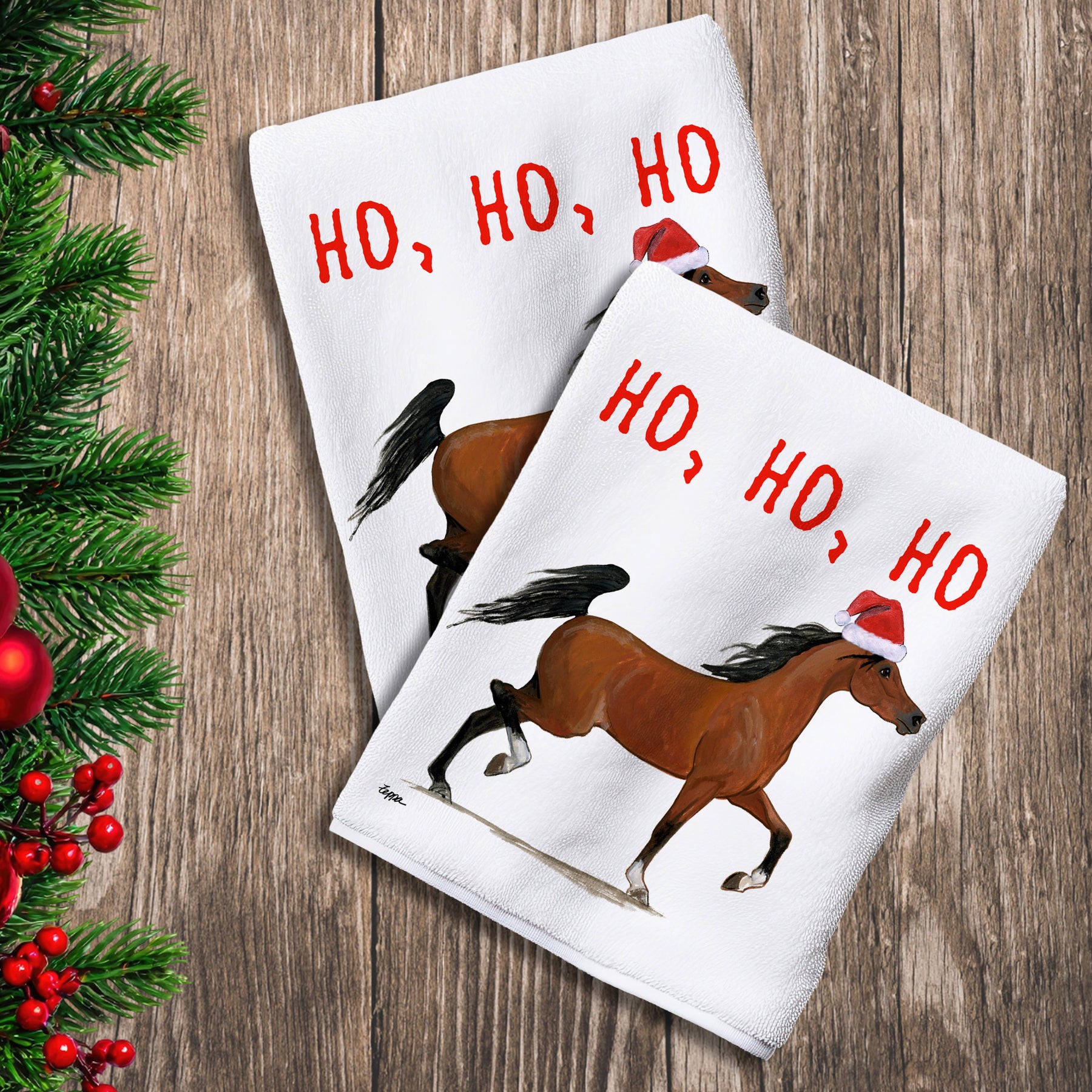 2 Kitchen Towels with an Arabian horse in a Santa Hat an Ho Ho Ho text.
