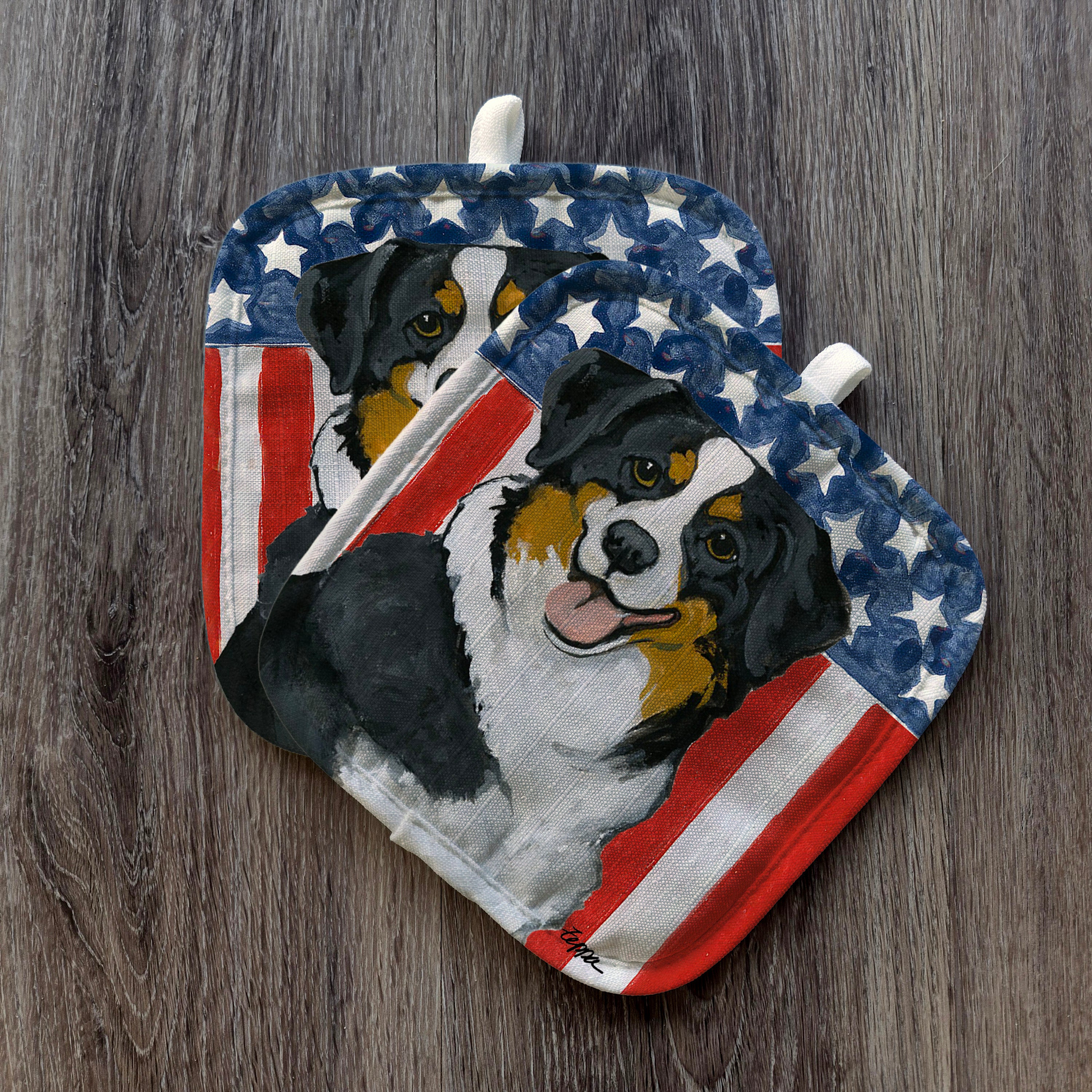Tri Color Australian Shepherd Americana Pot Holder Set