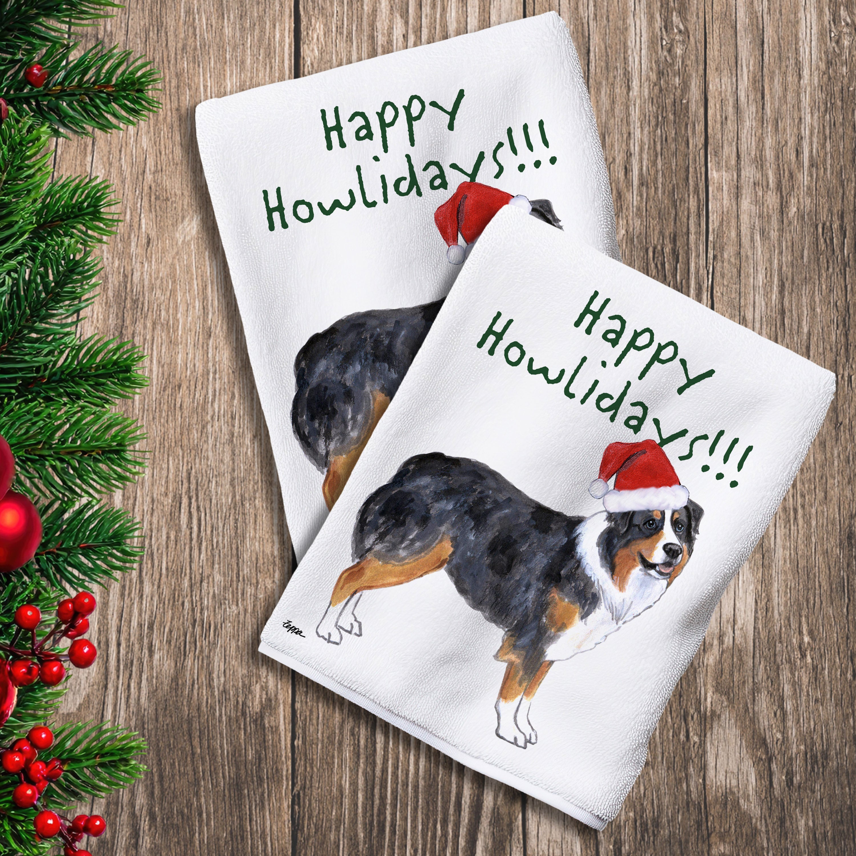 2 Kitchen Towels with an Australian Shepherd in a Santa Hat and Happy Howlidays text.