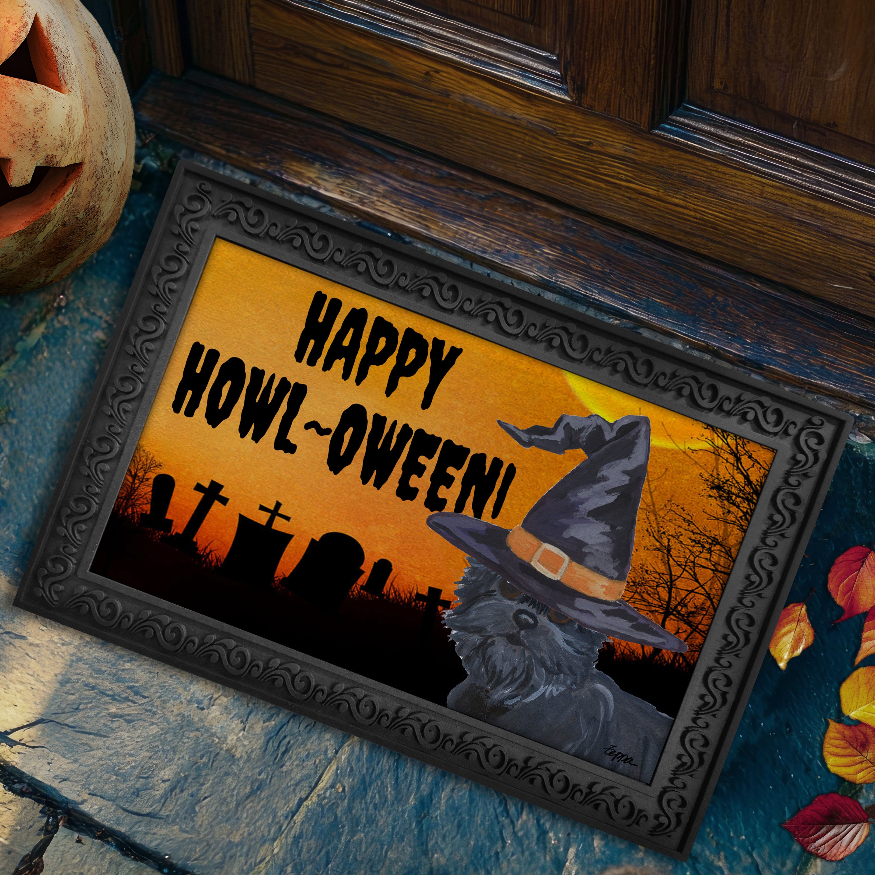 Halloween-themed doormat with a Affenpinscher wearing a witch hat and 'Happy Howl-Oween!' text on a doorstep.