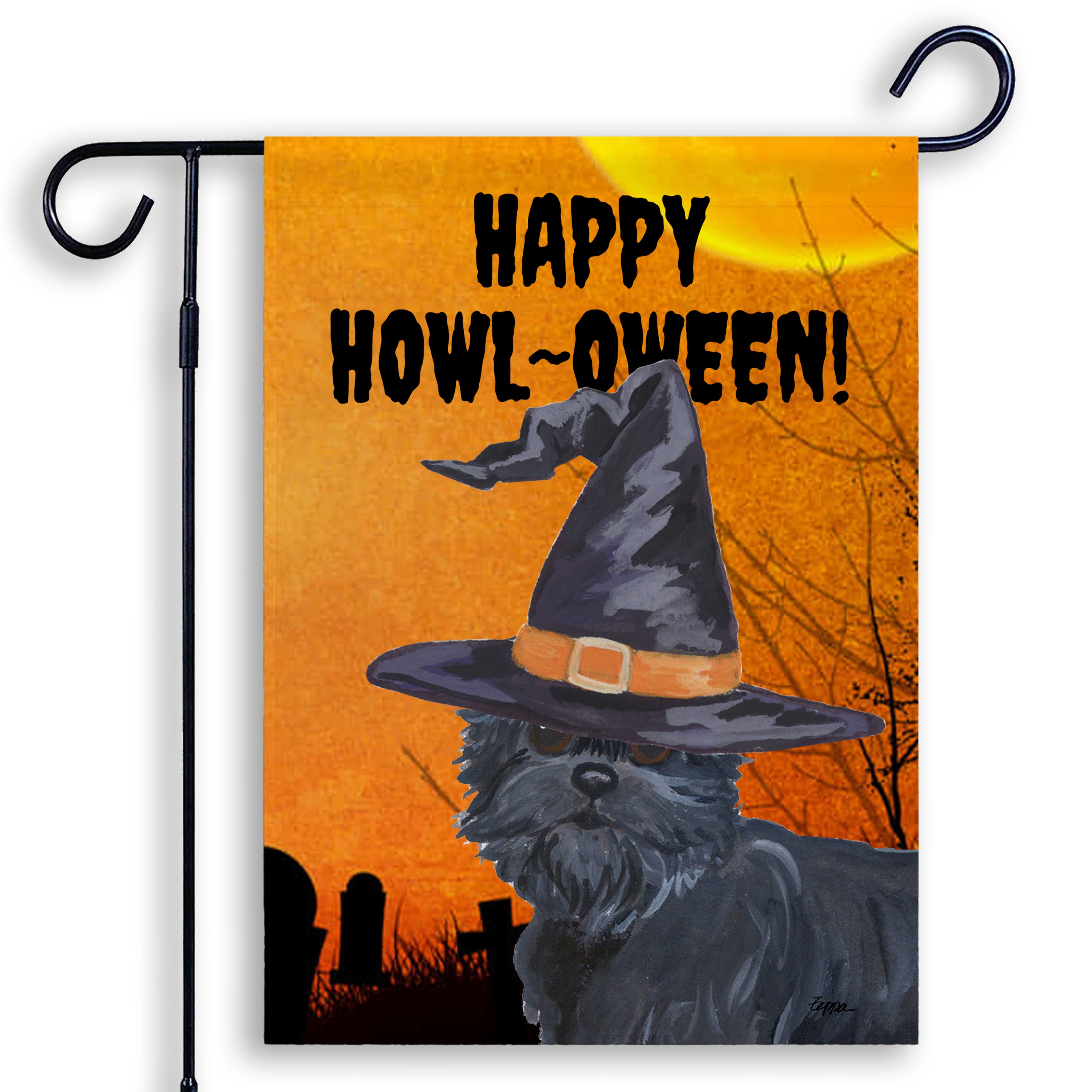Halloween-themed garden flag with an Affenpinscher wearing a witch hat and 'Happy Howl-Oween!' text on an orange background.