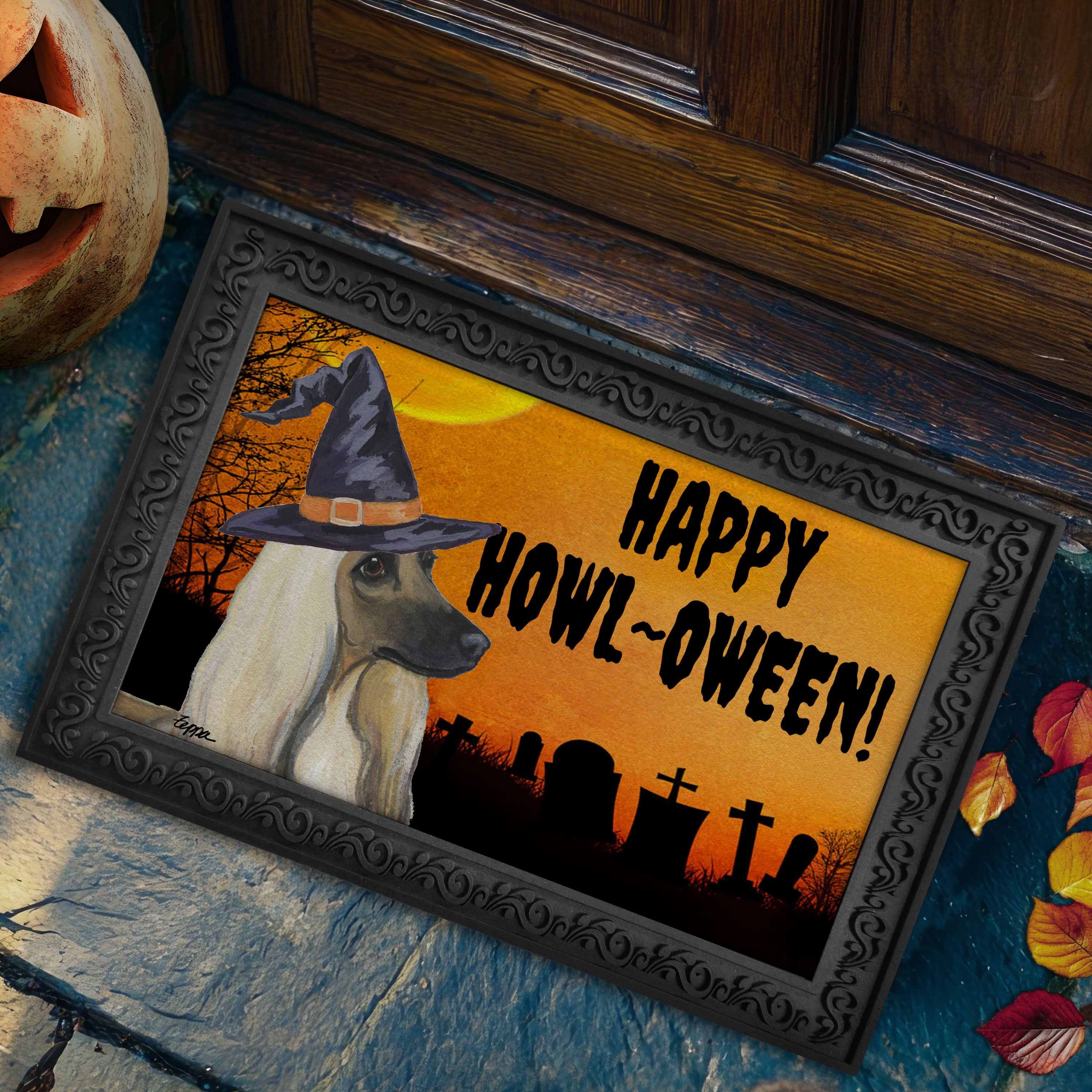 Halloween-themed doormat with a Afghan Hound wearing a witch hat and 'Happy Howl-Oween!' text on a doorstep.
