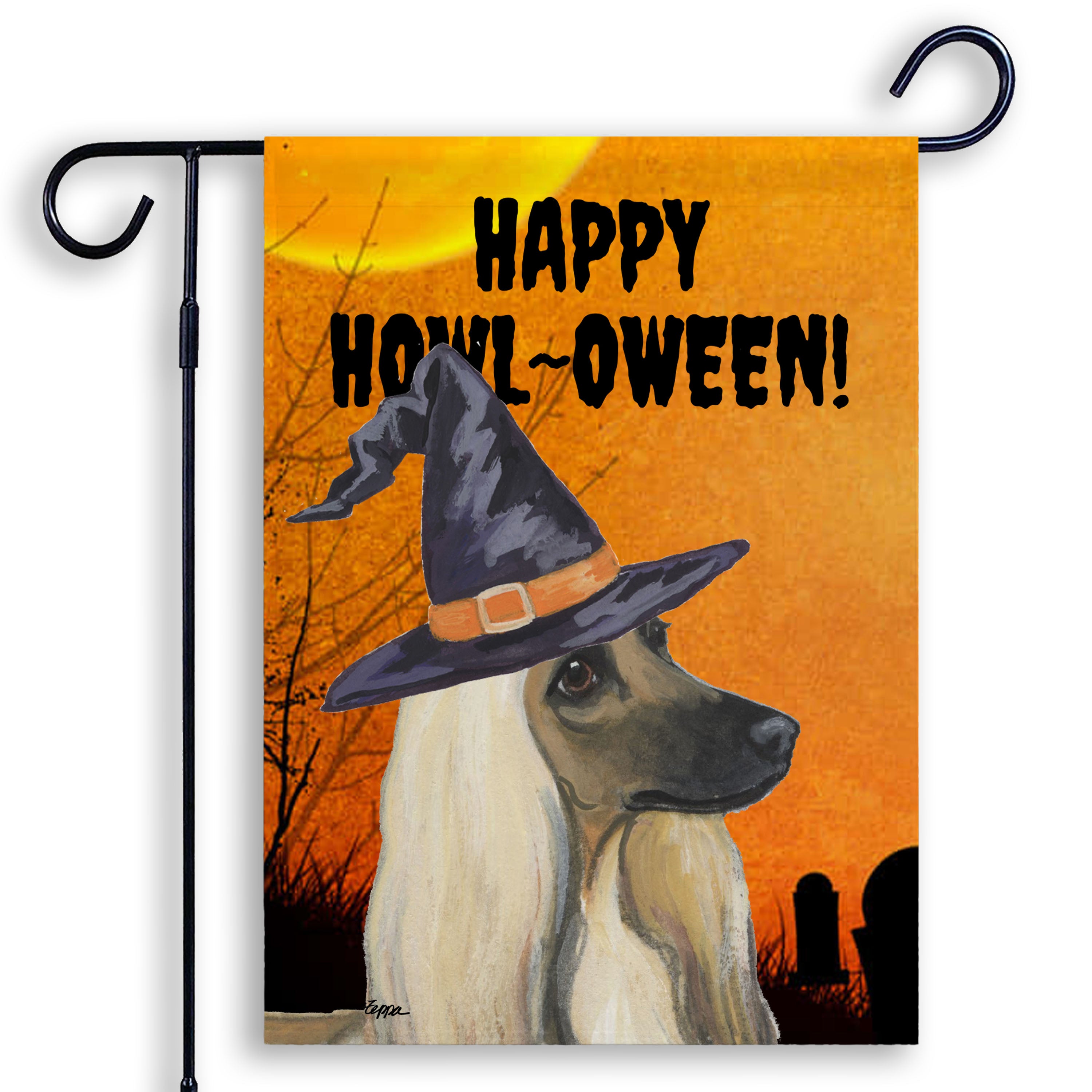 Halloween-themed garden flag with an Afghan Hound wearing a witch hat and 'Happy Howl-Oween!' text on an orange background.
