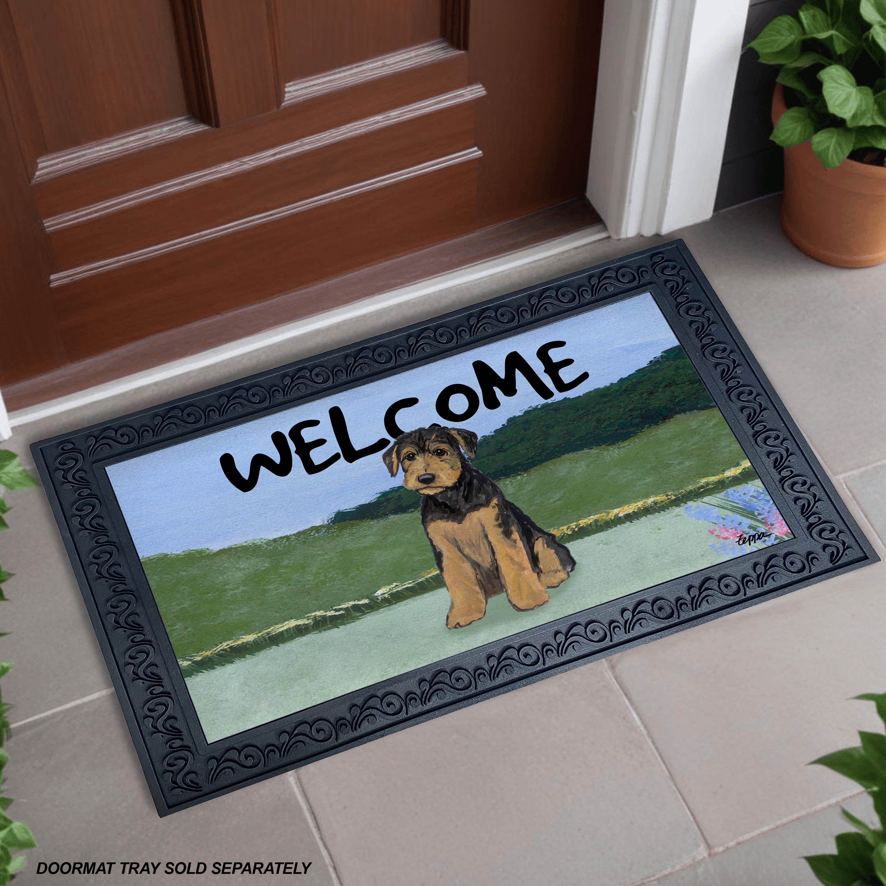 Airedale Puppy in the Yard Welcome Mat