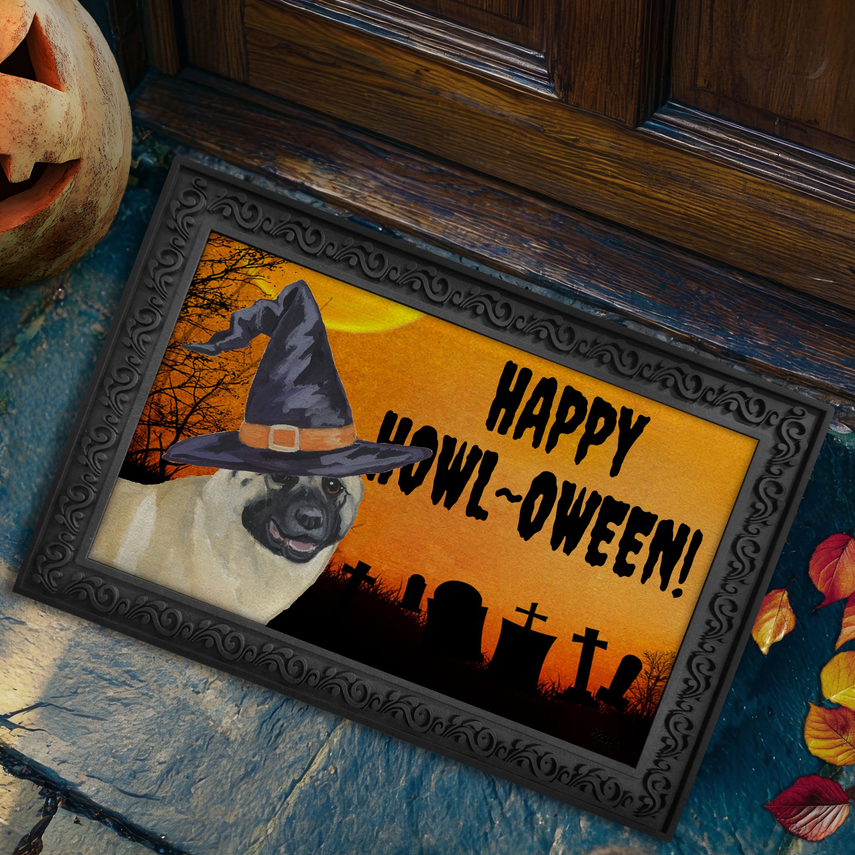 Halloween-themed doormat with a Akita wearing a witch hat and 'Happy Howl-Oween!' text on a doorstep.