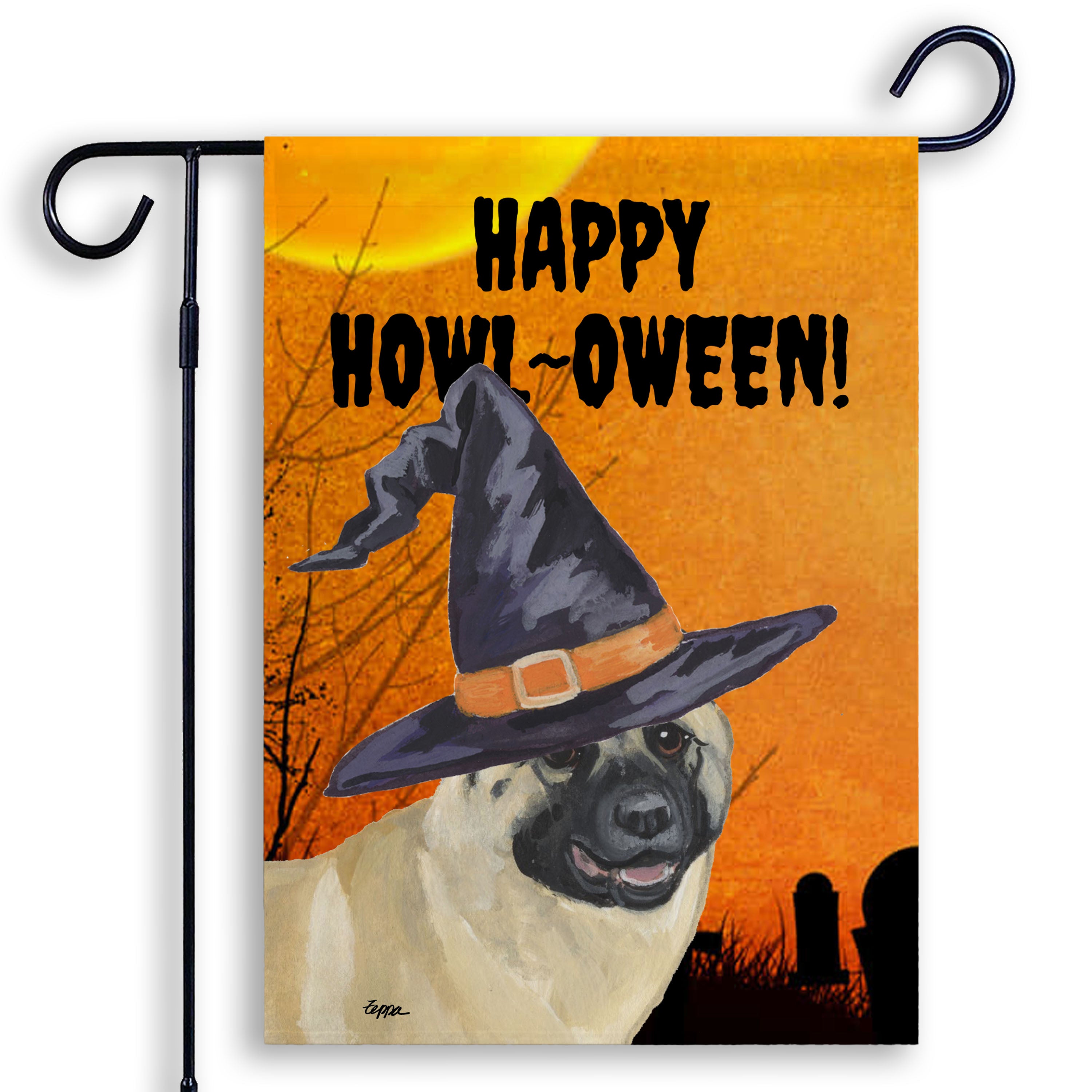 Halloween-themed garden flag with an Akita wearing a witch hat and 'Happy Howl-Oween!' text on an orange background.