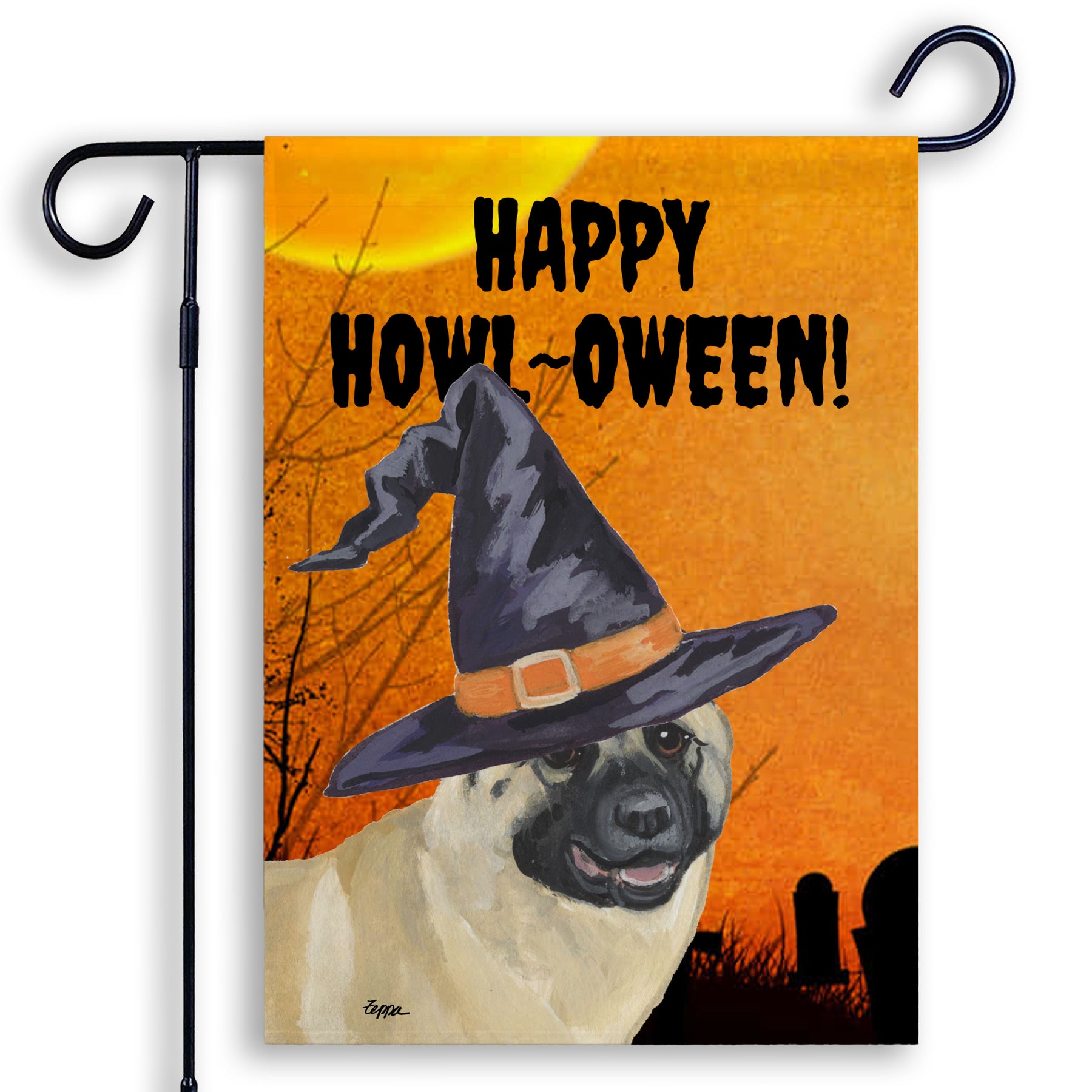 Halloween-themed garden flag with an Akita wearing a witch hat and 'Happy Howl-Oween!' text on an orange background.