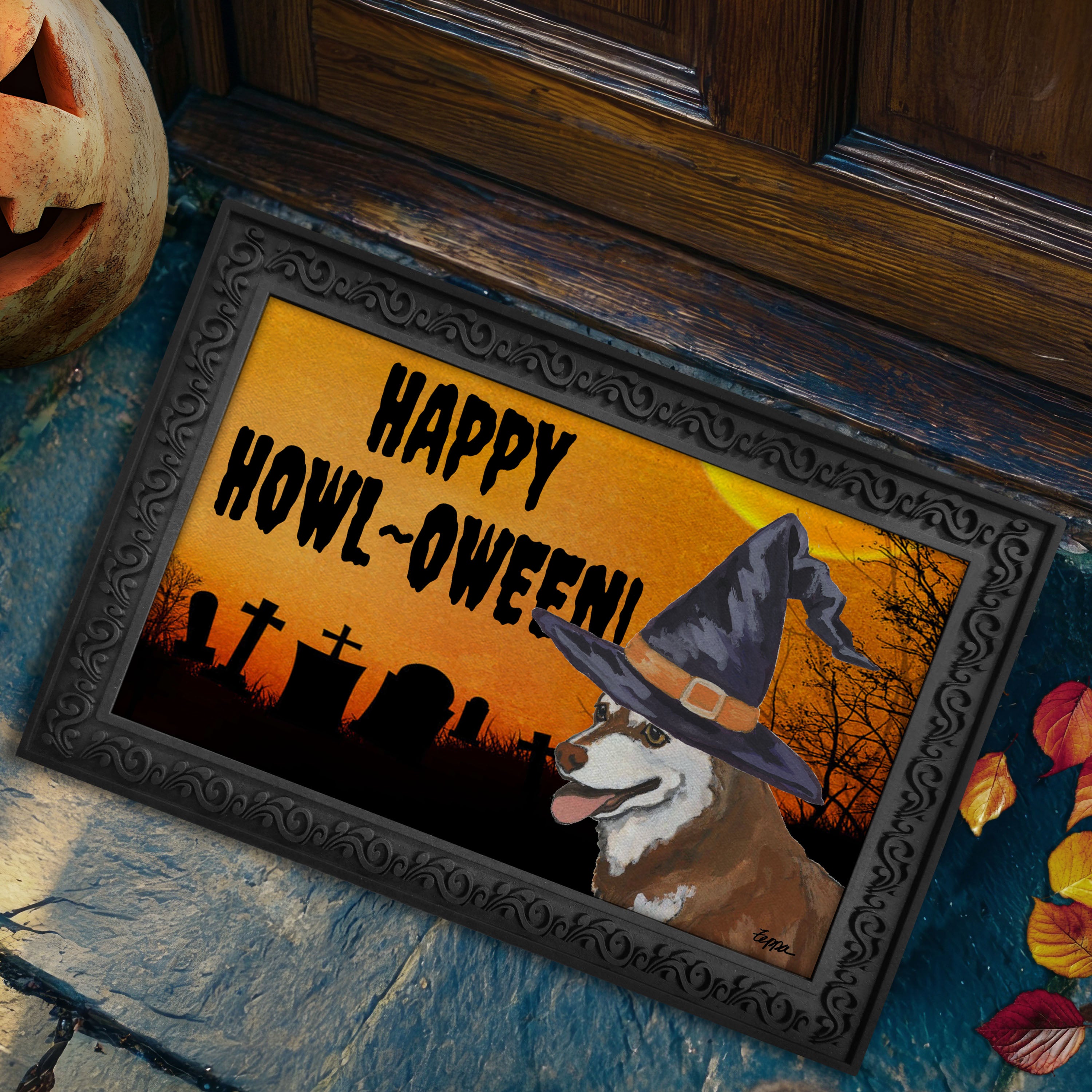Alaskan Klee Kai in a witch's hat on a Happy Howl-ween doormat.