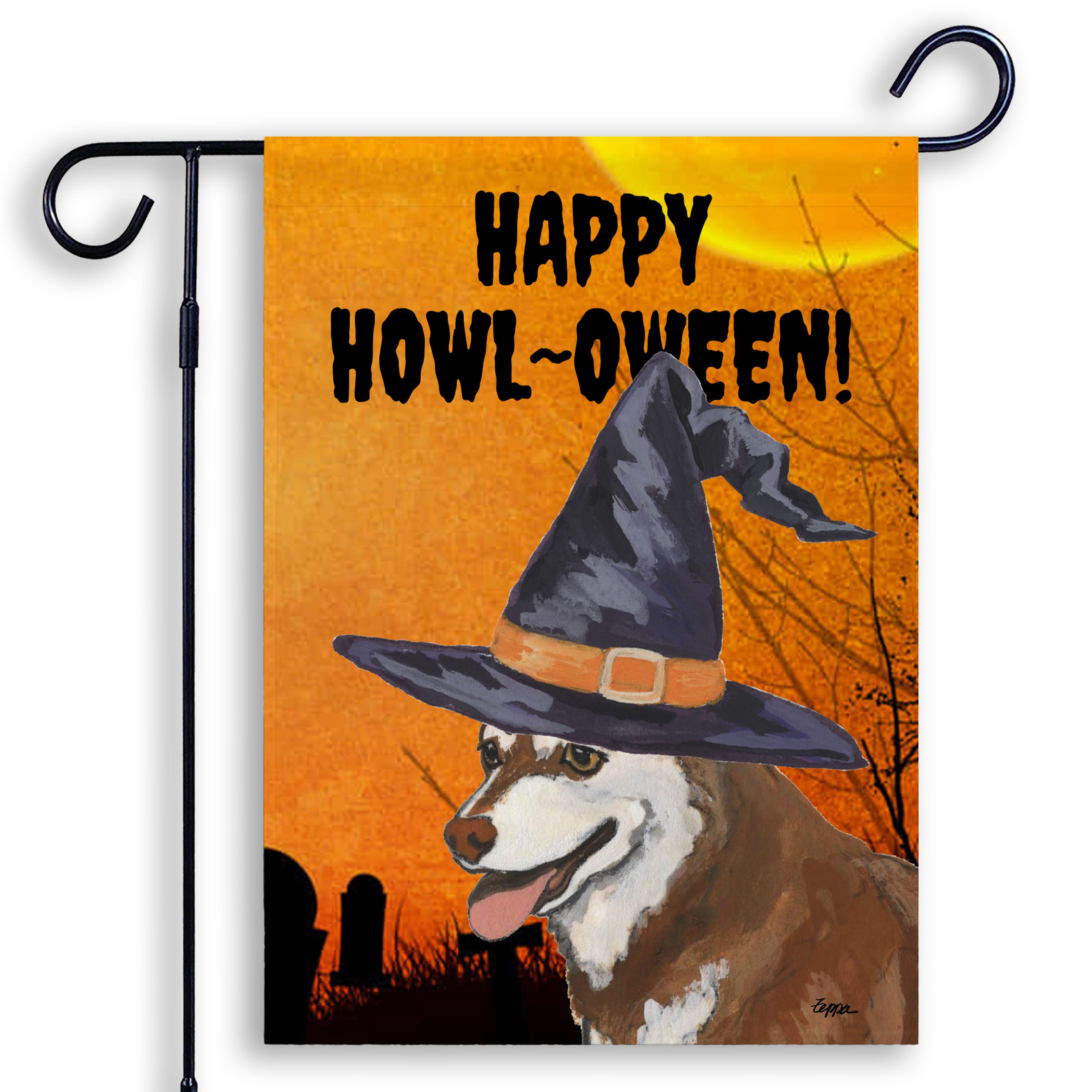 Halloween-themed garden flag with an Alaskan Klee Kai wearing a witch hat and 'Happy Howl-Oween!' text.