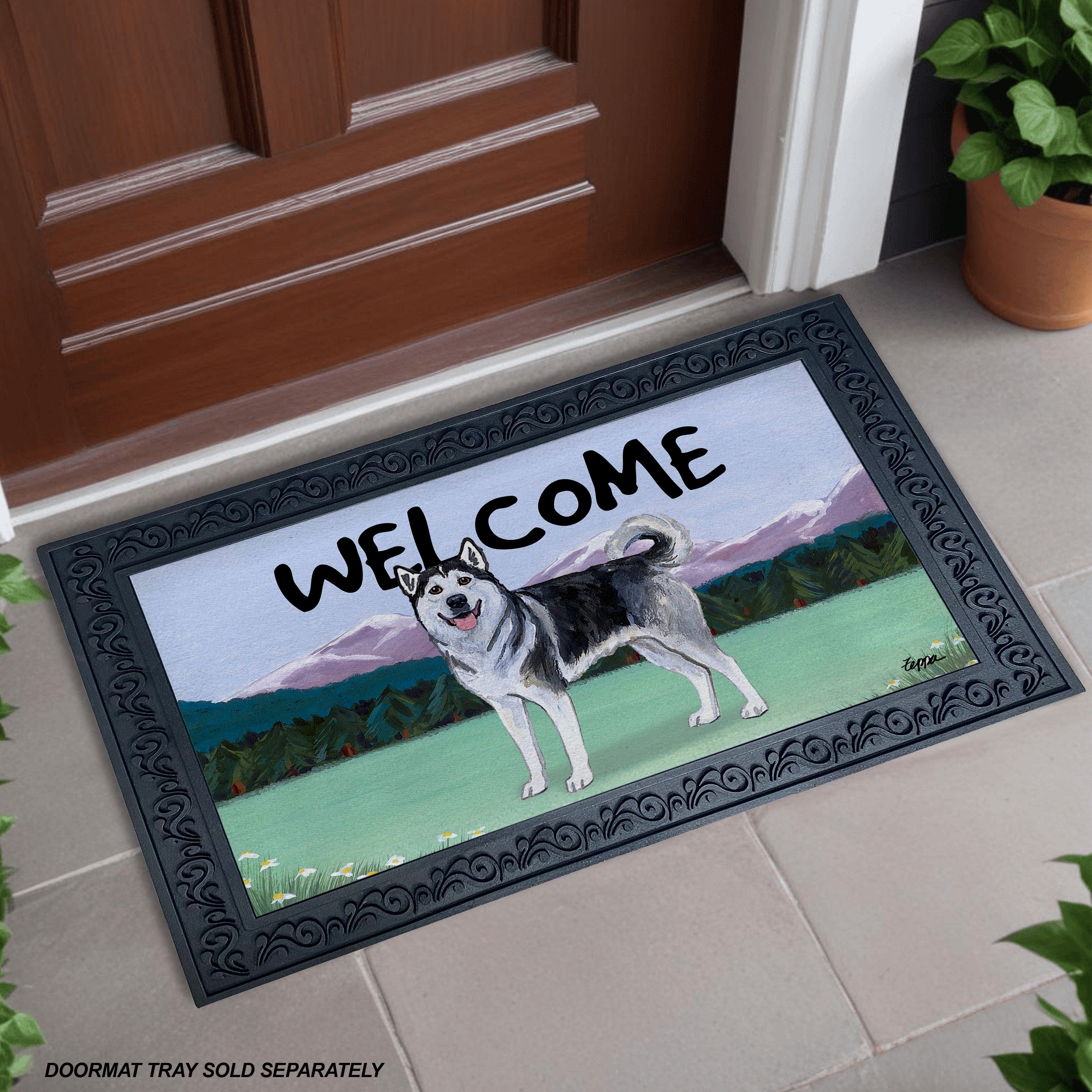 Alaskan Malamute Mountain Scene Welcome Mat