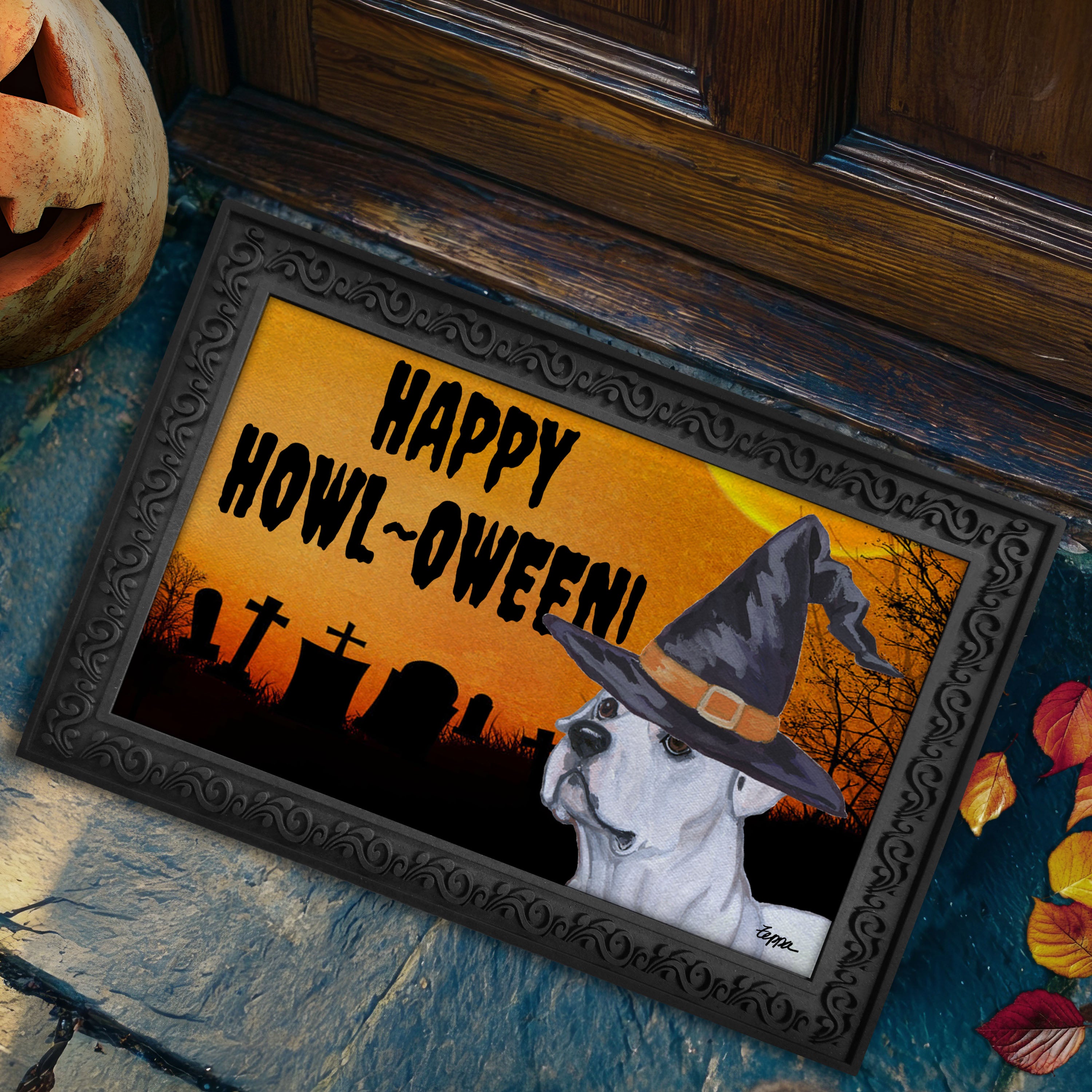 Halloween-themed doormat with a American Bulldog wearing a witch hat and 'Happy Howl-Oween!' text on a doorstep.