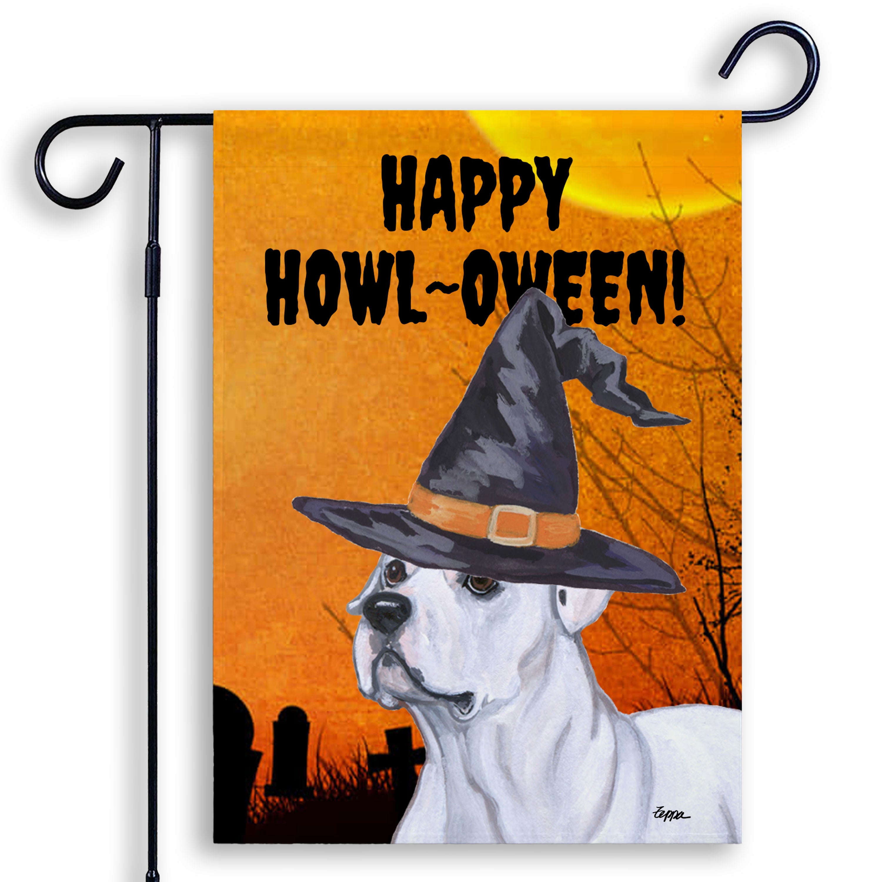 Halloween-themed garden flag with an American Bulldog wearing a witch hat and 'Happy Howl-Oween!' text on an orange background.