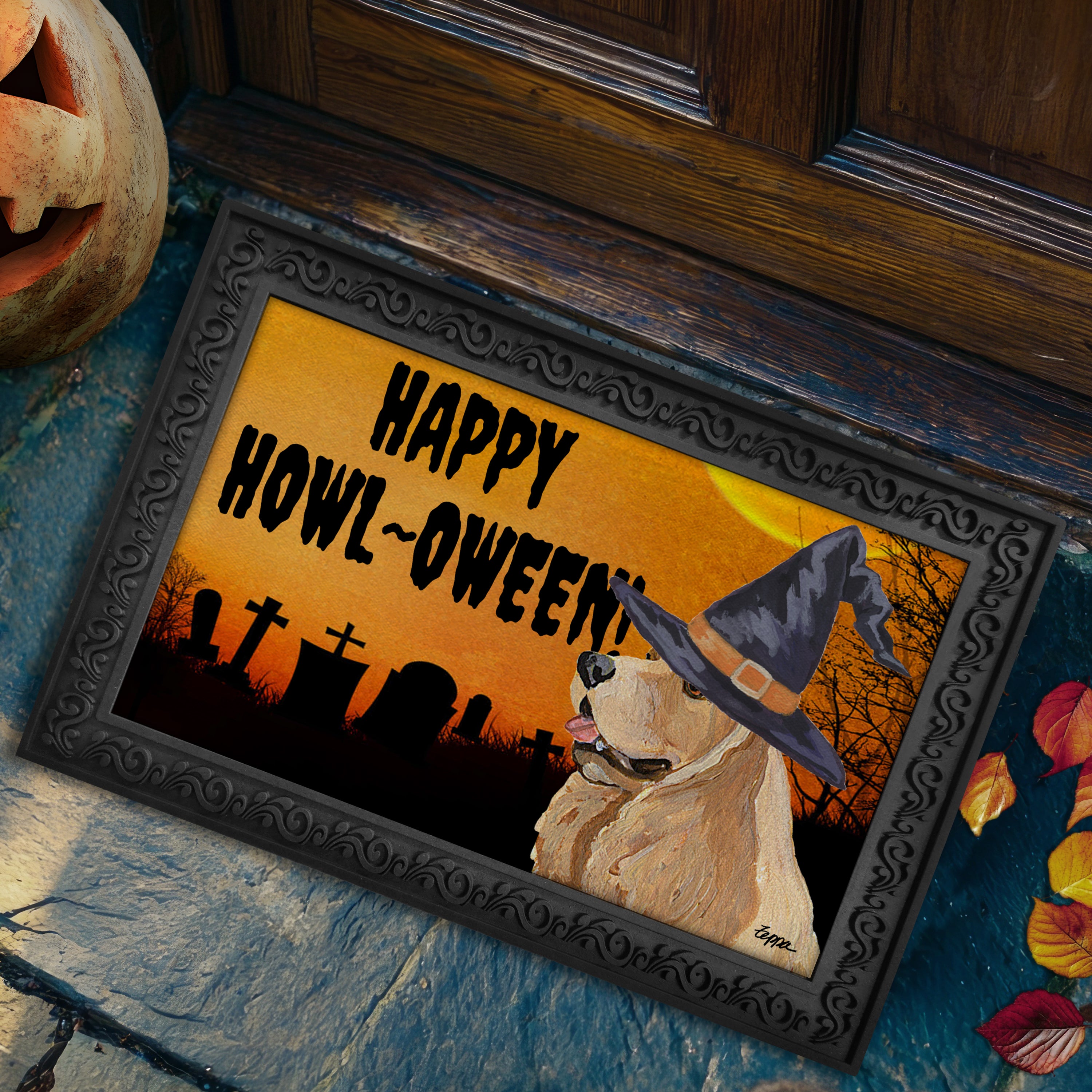 Halloween-themed doormat with a American Cocker Spaniel wearing a witch hat and 'Happy Howl-Oween!' text on a doorstep.