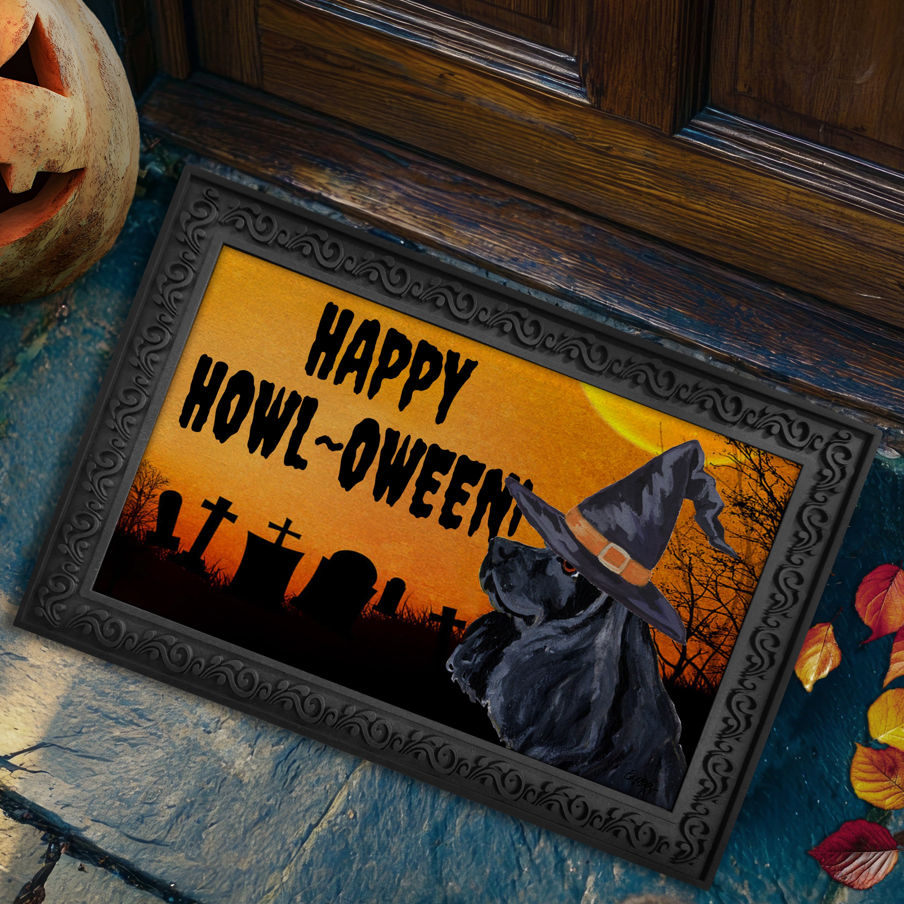 Halloween-themed doormat with a American Cocker Spaniel wearing a witch hat and 'Happy Howl-Oween!' text on a doorstep.