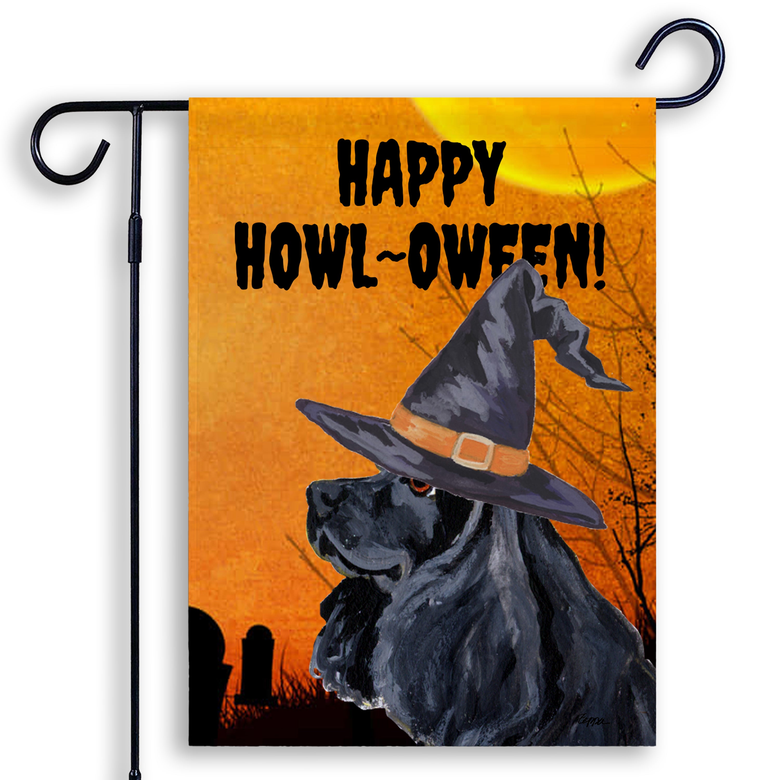 Halloween-themed garden flag with an American Cocker Spaniel wearing a witch hat and 'Happy Howl-Oween!' text on an orange background.