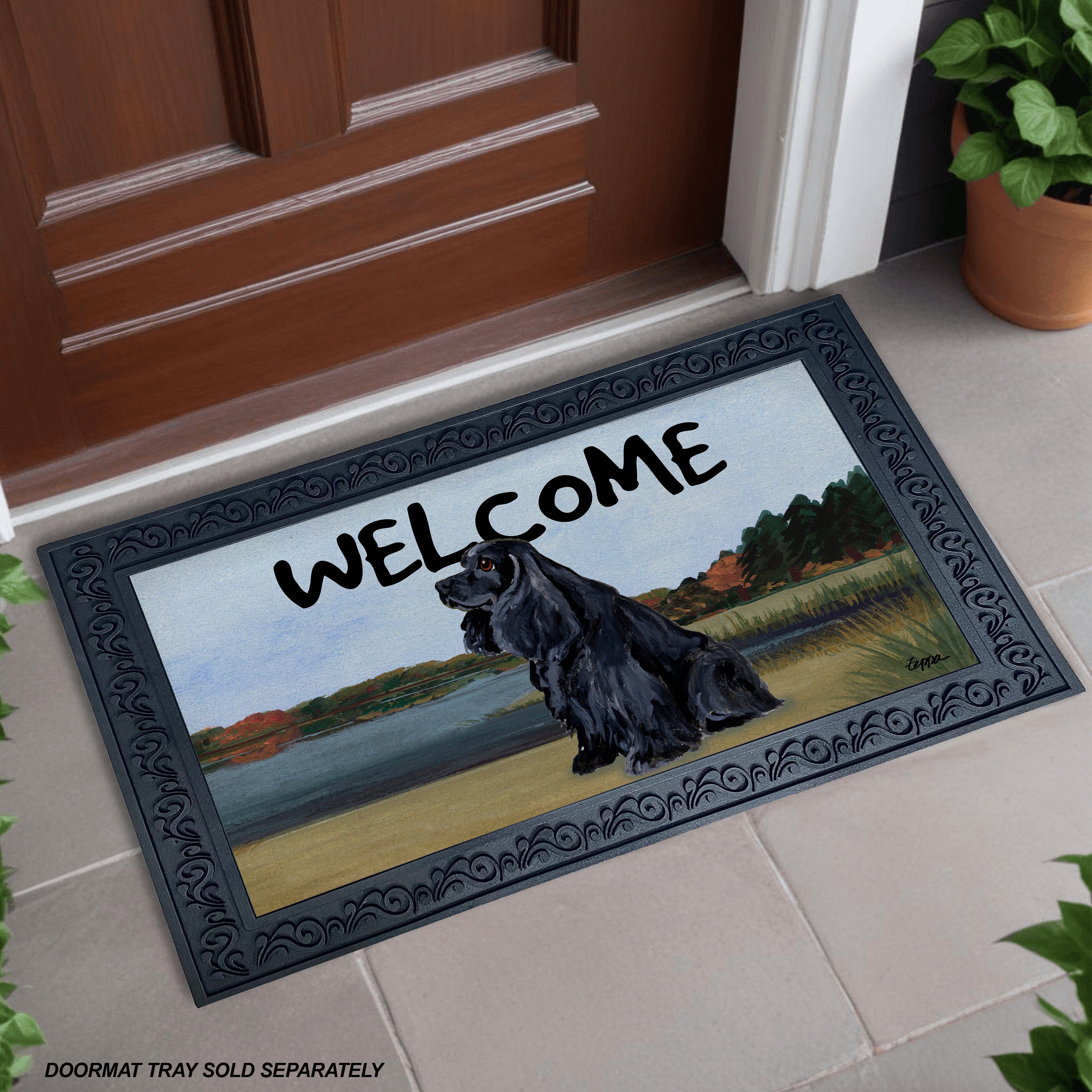 Black Cocker Spaniel Lake Scene Welcome Mat