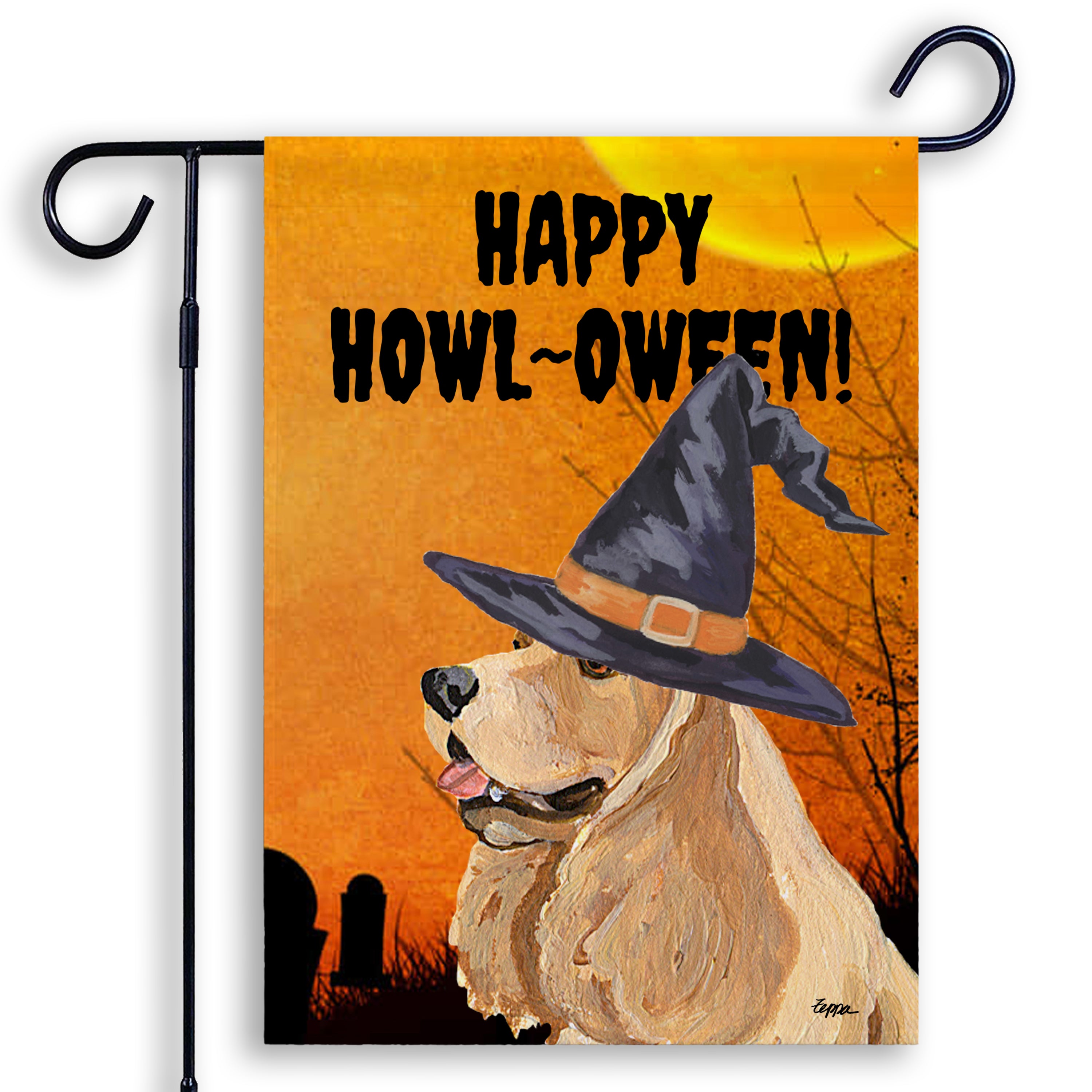 Halloween-themed garden flag with an American Cocker Spaniel wearing a witch hat and 'Happy Howl-Oween!' text on an orange background.