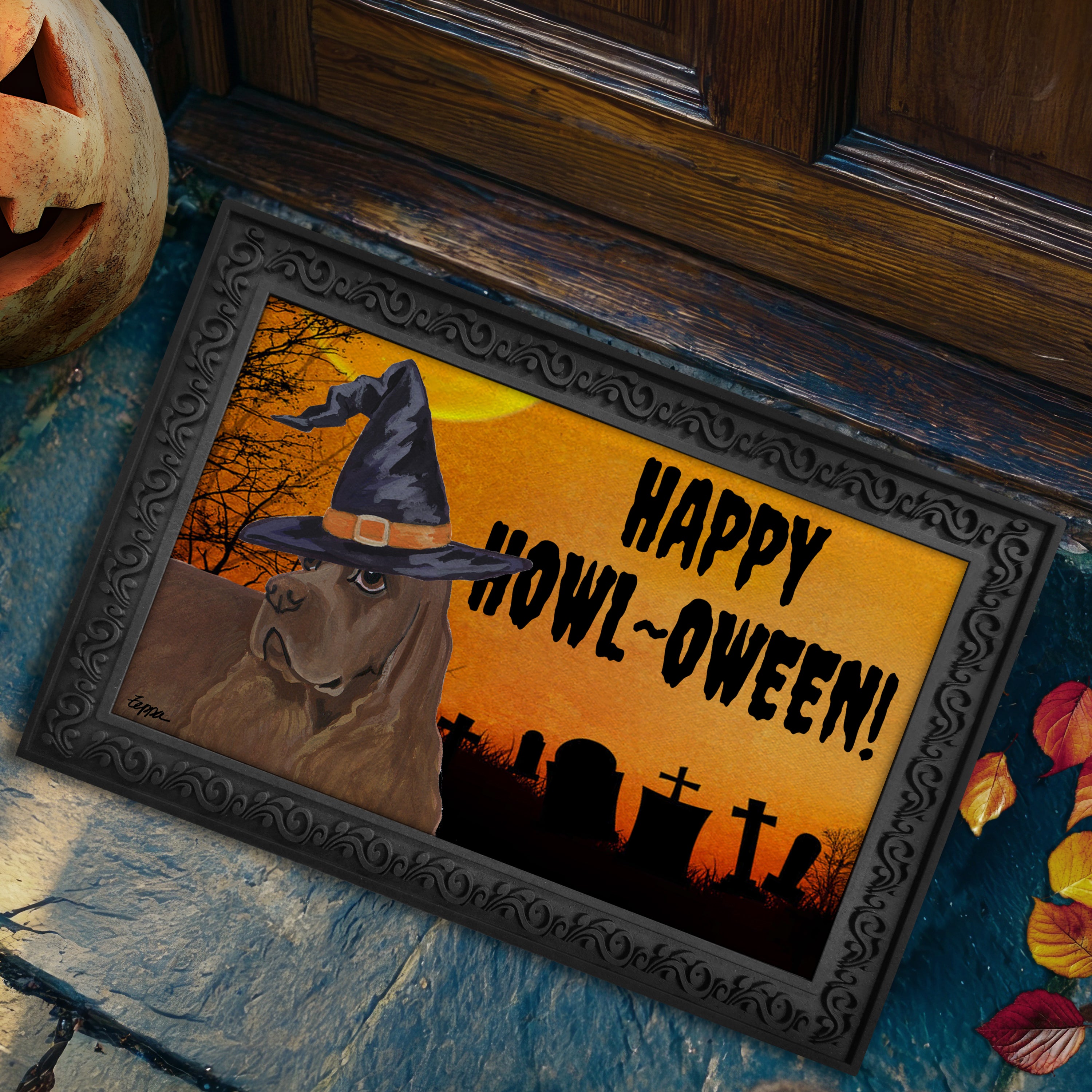 Halloween-themed doormat with a American Cocker Spaniel wearing a witch hat and 'Happy Howl-Oween!' text on a doorstep.