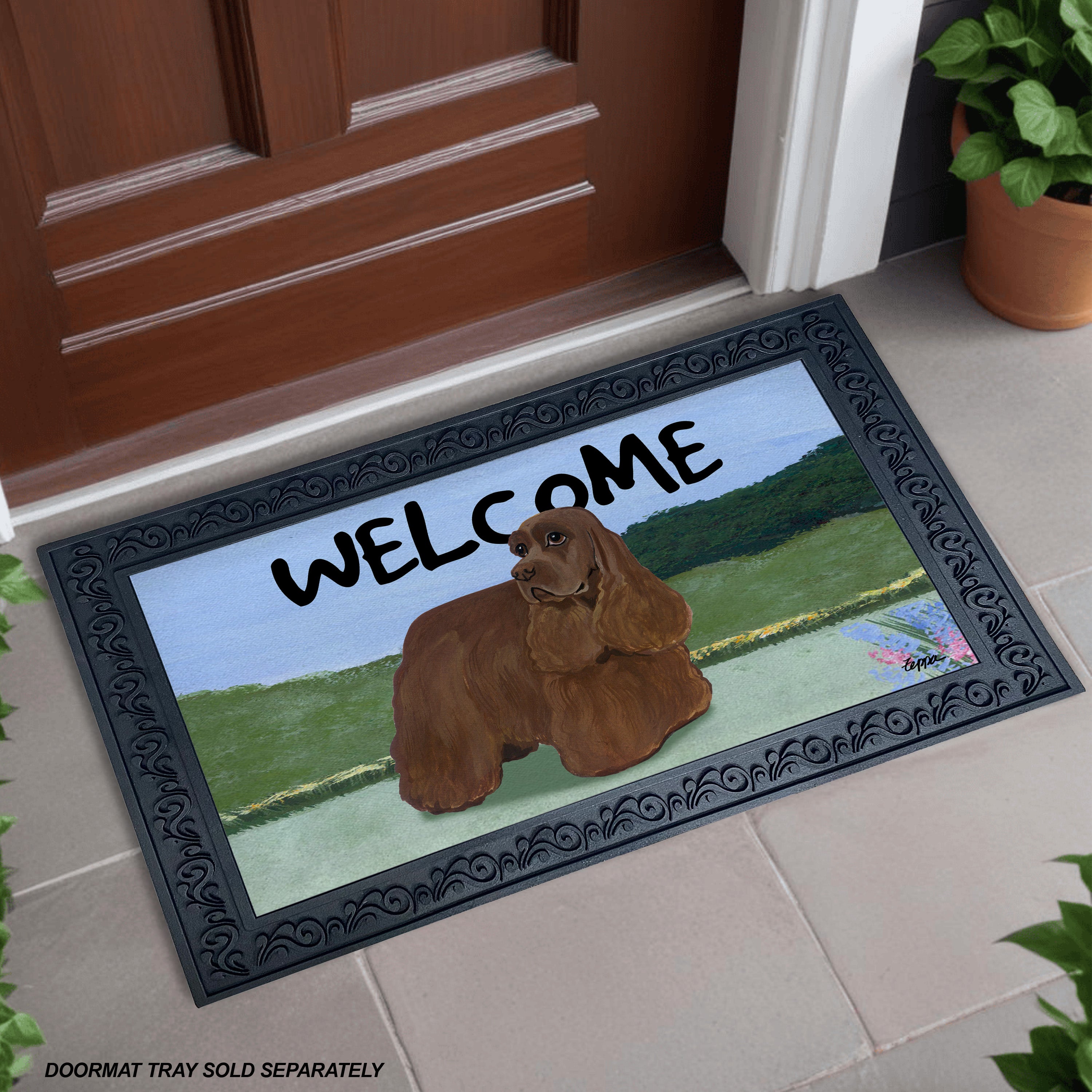 Chocolate Cocker Spaniel Yard Scene Welcome Mat