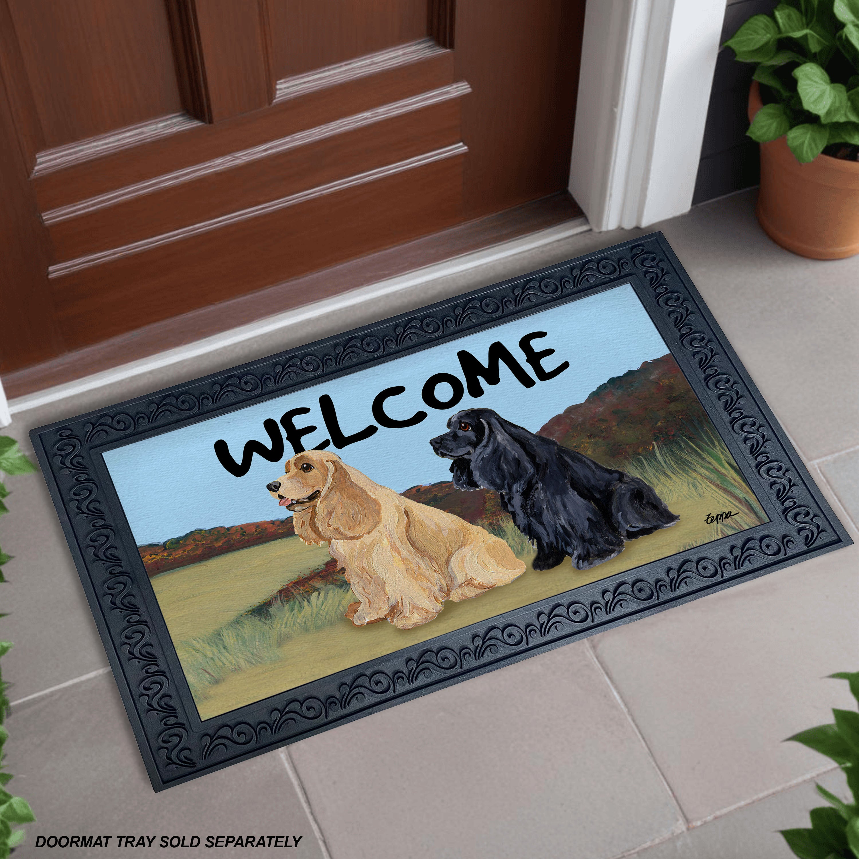 Blonde and Black Cocker Spaniels Field Scene Welcome Mat