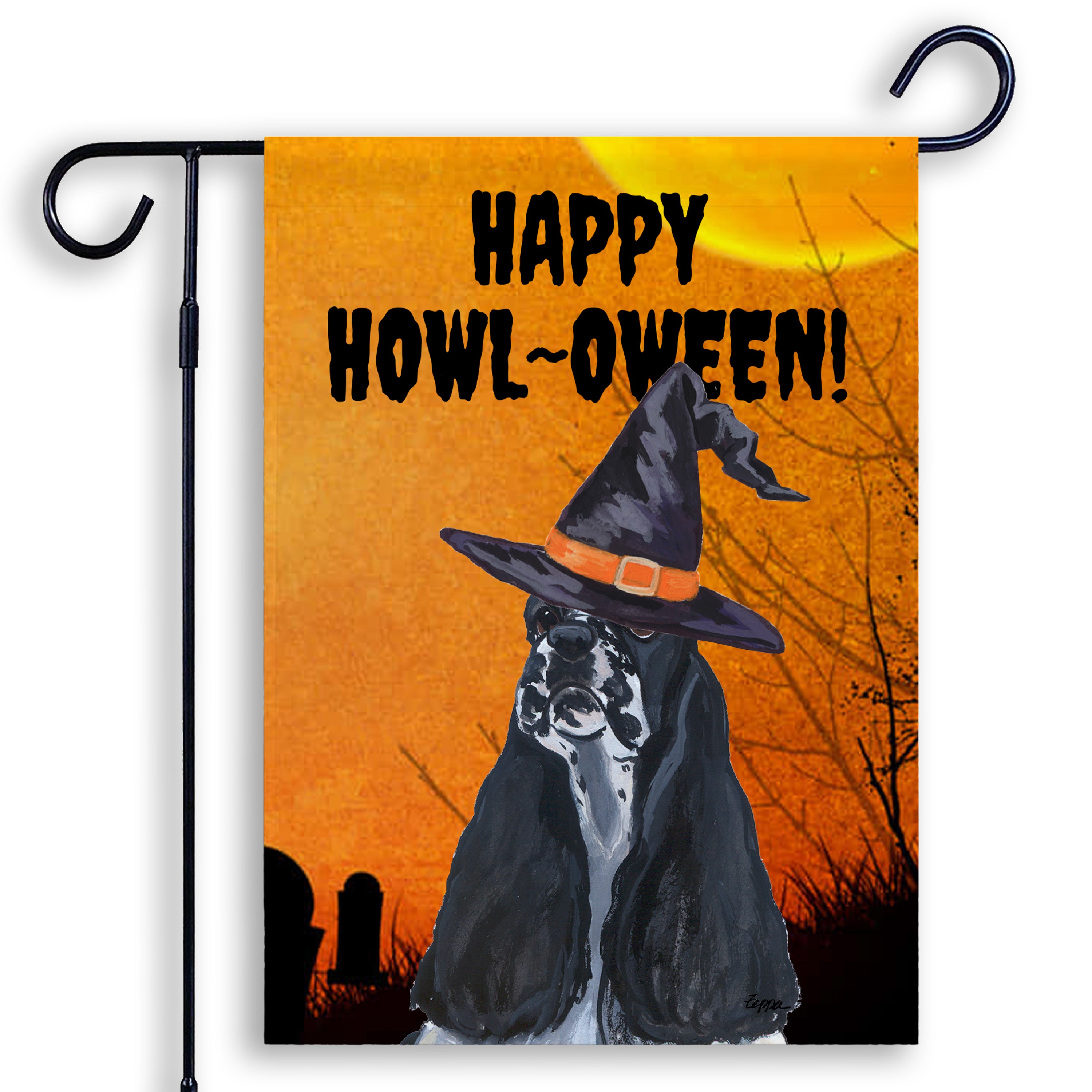 Halloween-themed garden flag with an American Cocker Spaniel wearing a witch hat and 'Happy Howl-Oween!' text on an orange background.