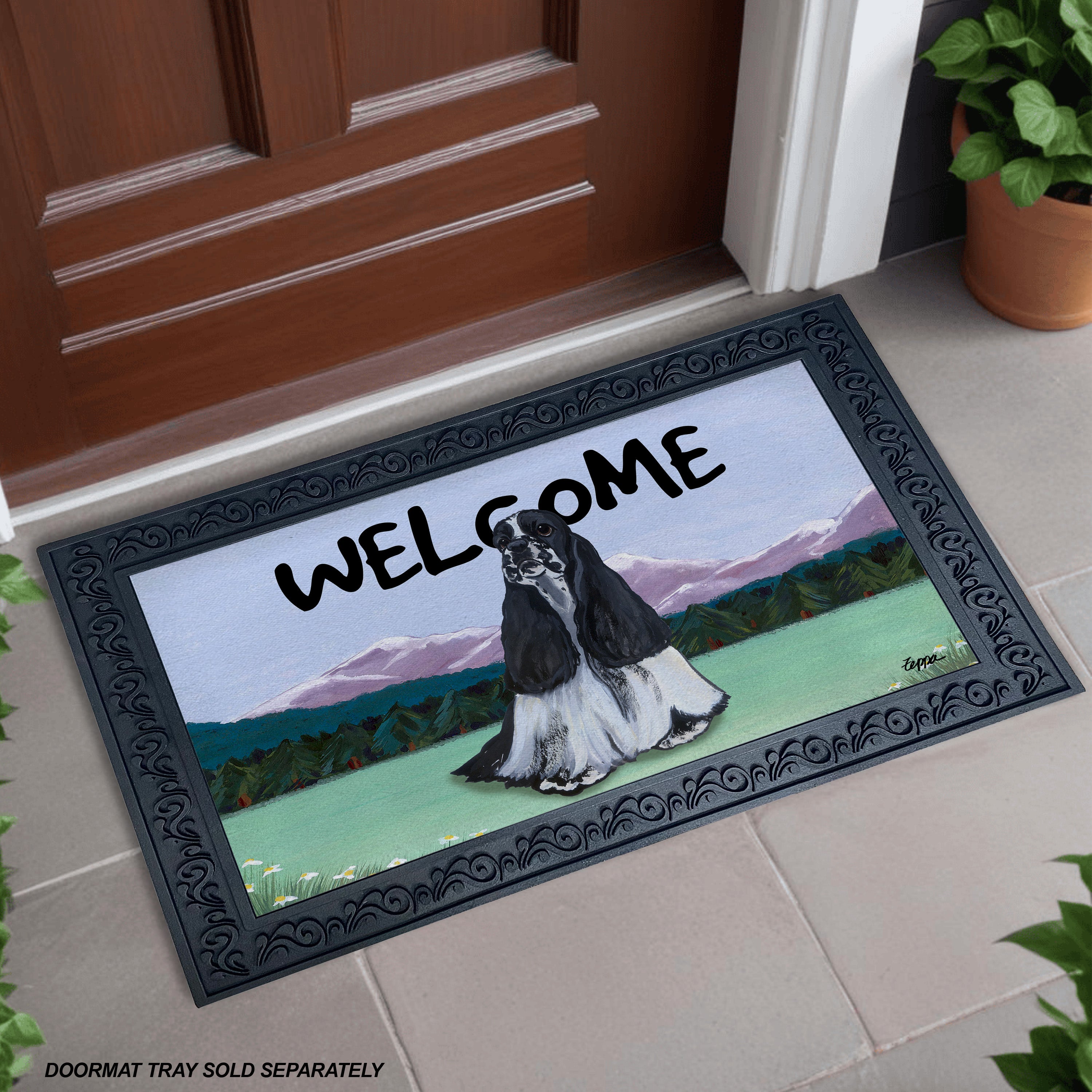 Parti Colored Cocker Spaniel Mountain Scene Welcome Mat