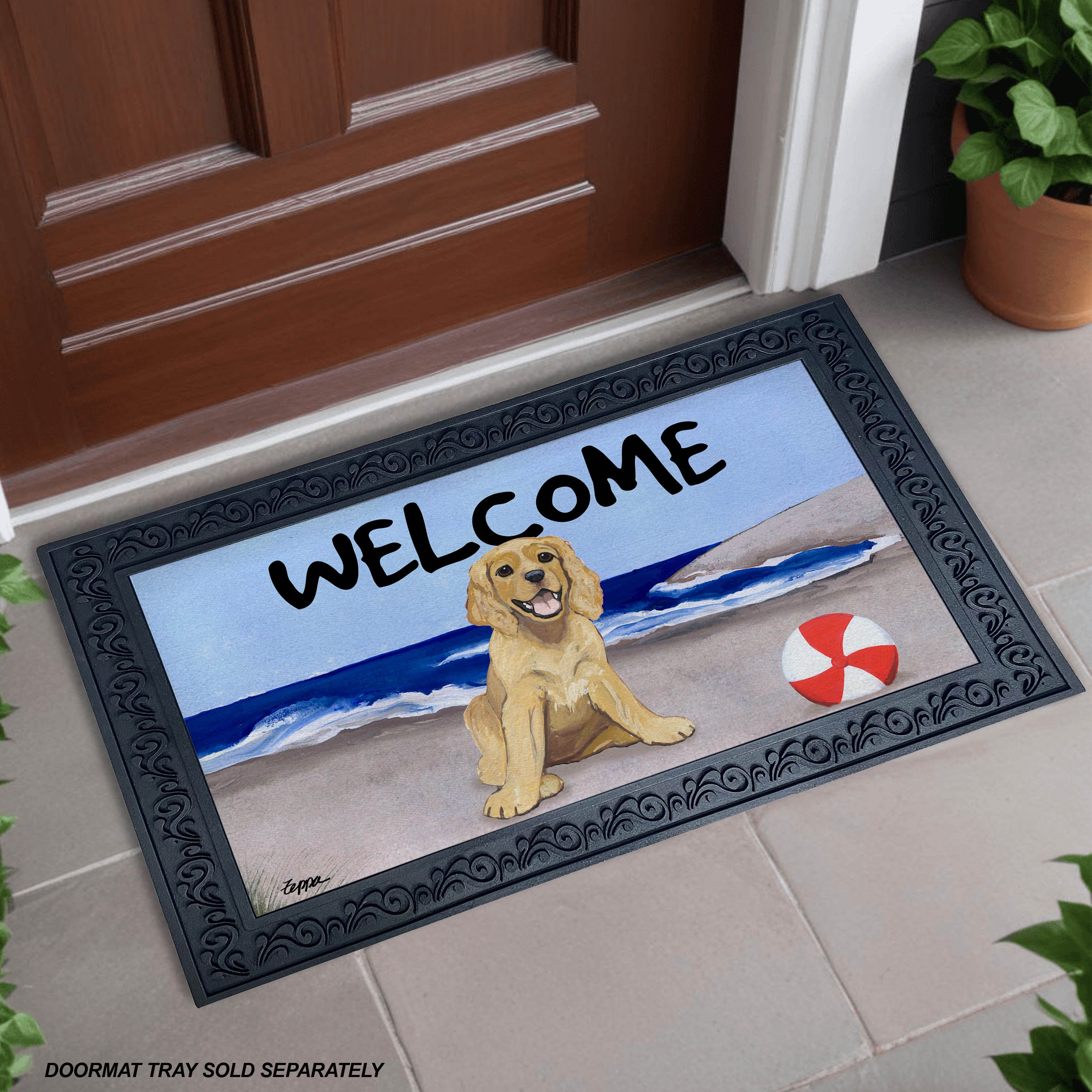 Blonde Cocker Spaniel Puppy Beach Scene Welcome Mat