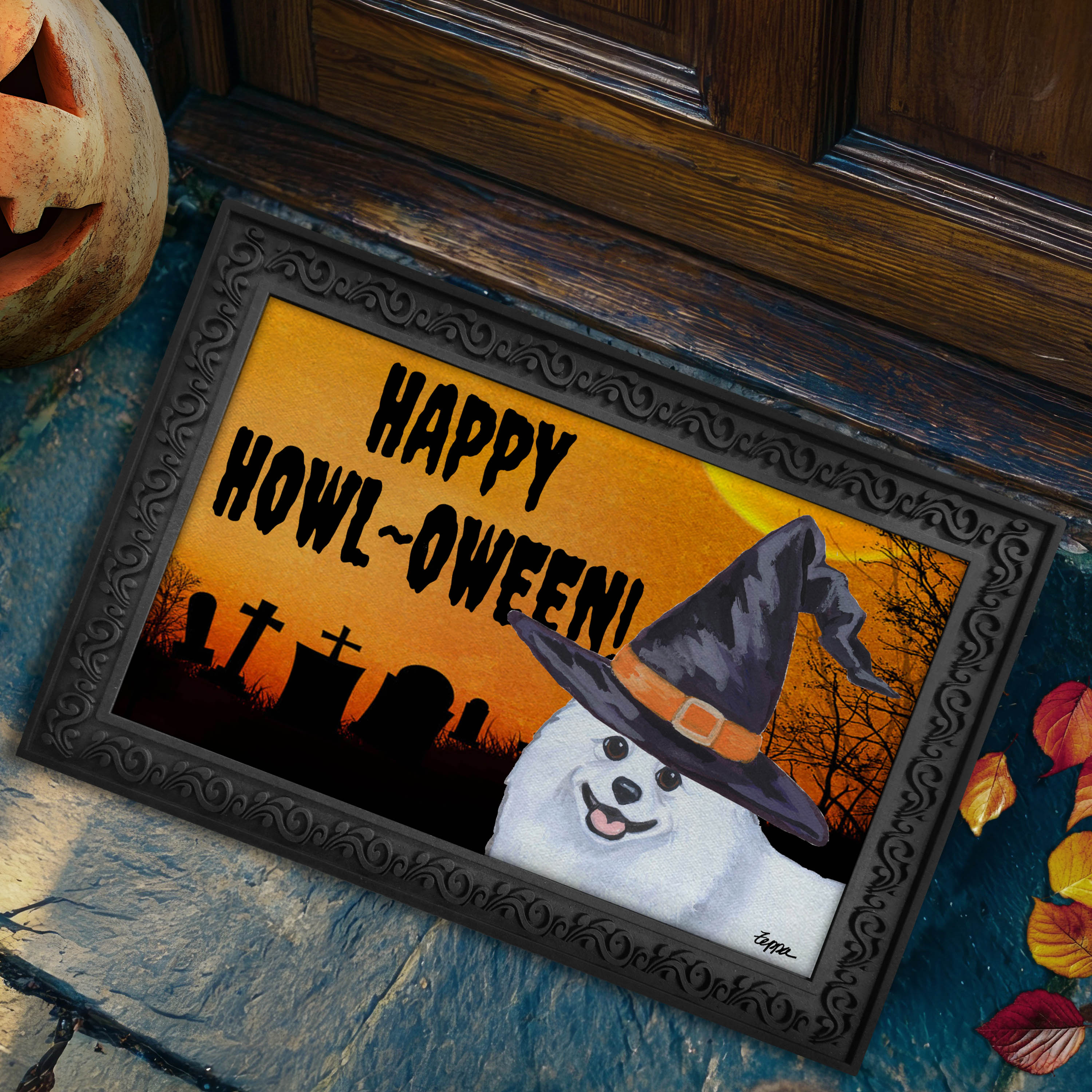 Halloween-themed doormat with a American Eskimo Dog wearing a witch hat and 'Happy Howl-Oween!' text on a doorstep.