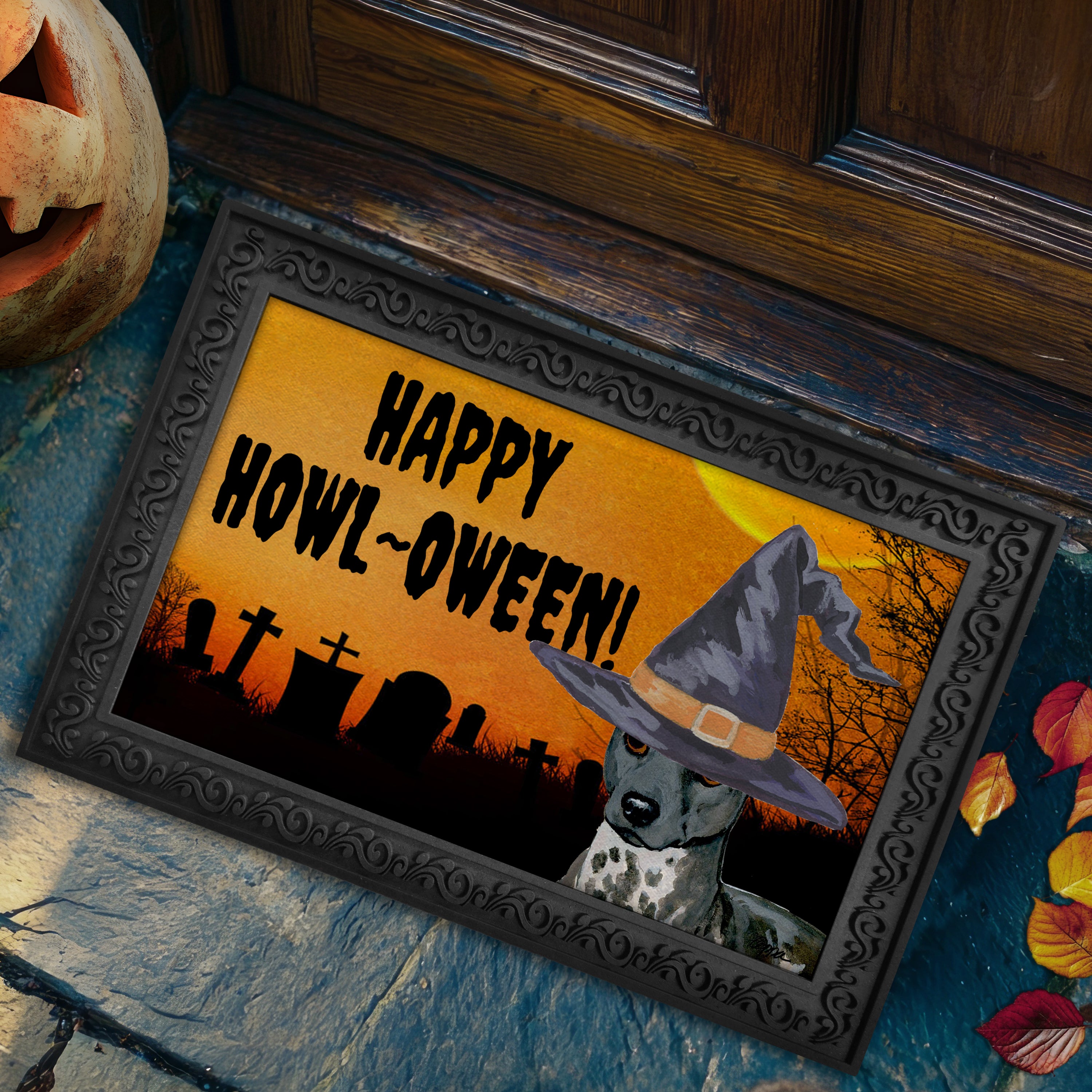 American Hairless Terrier in a witch's hat on a Happy Howl-ween doormat.