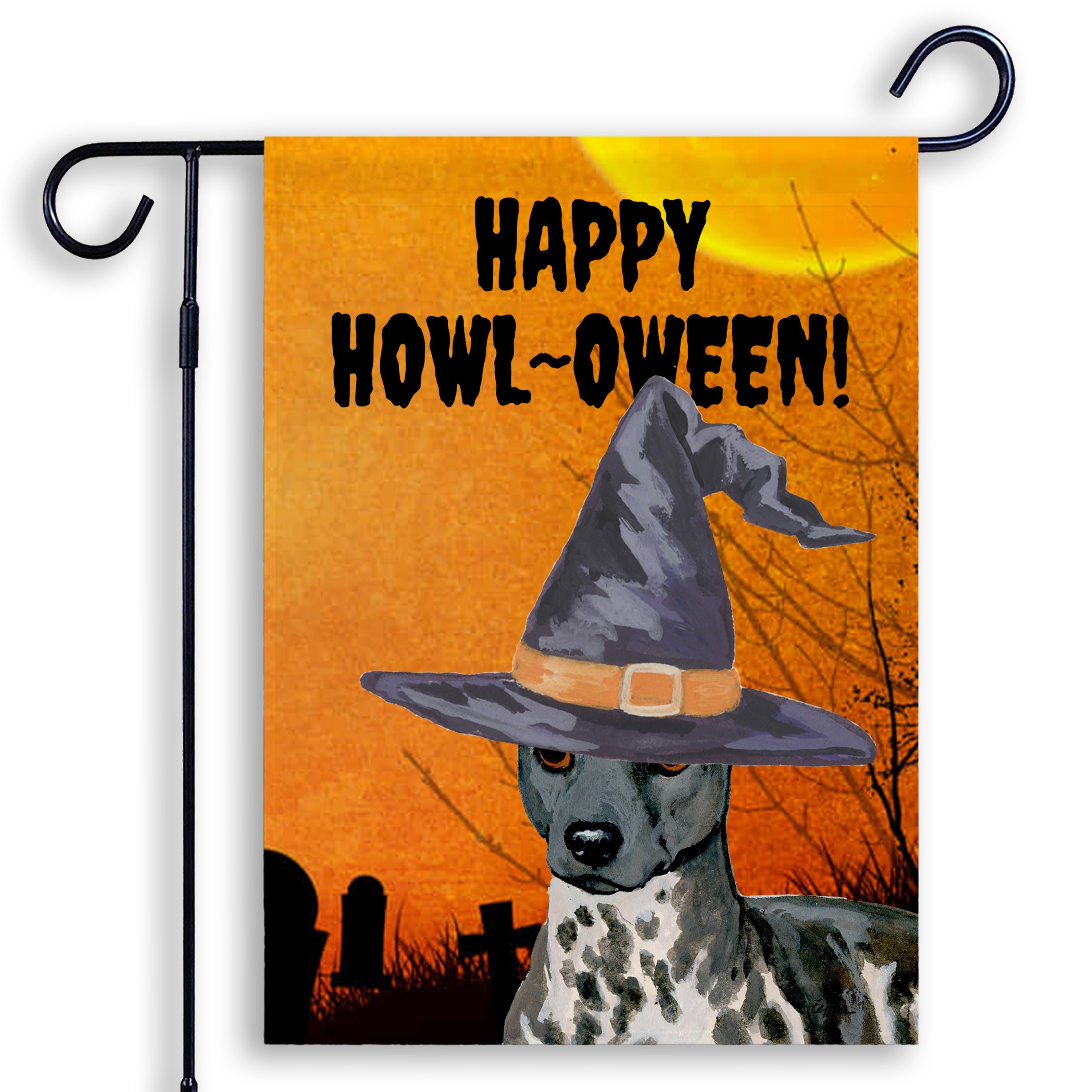 Halloween-themed garden flag with an American Hairless Terrier wearing a witch hat and 'Happy Howl-Oween!' text.