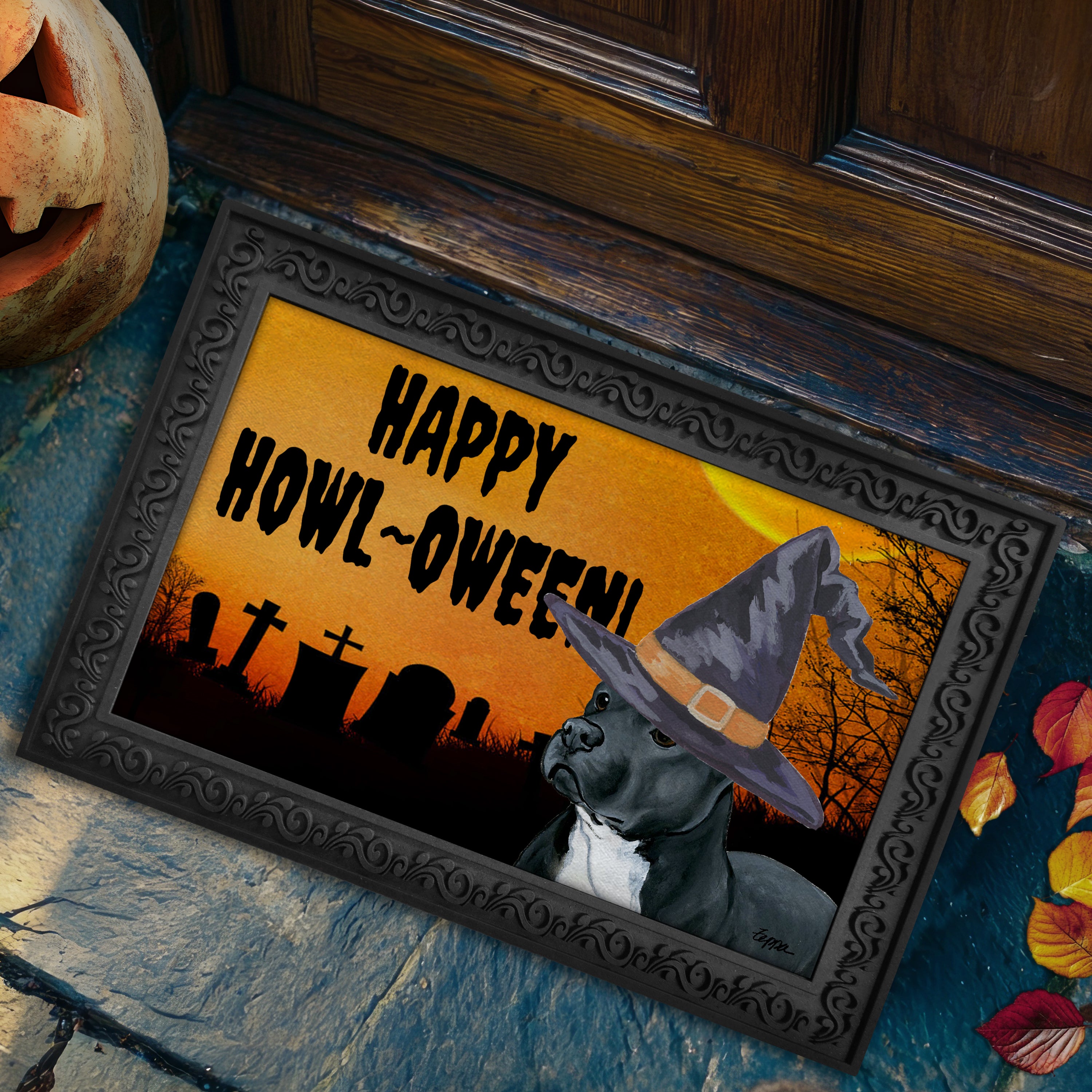 Halloween-themed doormat with a Pit Bull wearing a witch hat and 'Happy Howl-Oween!' text.