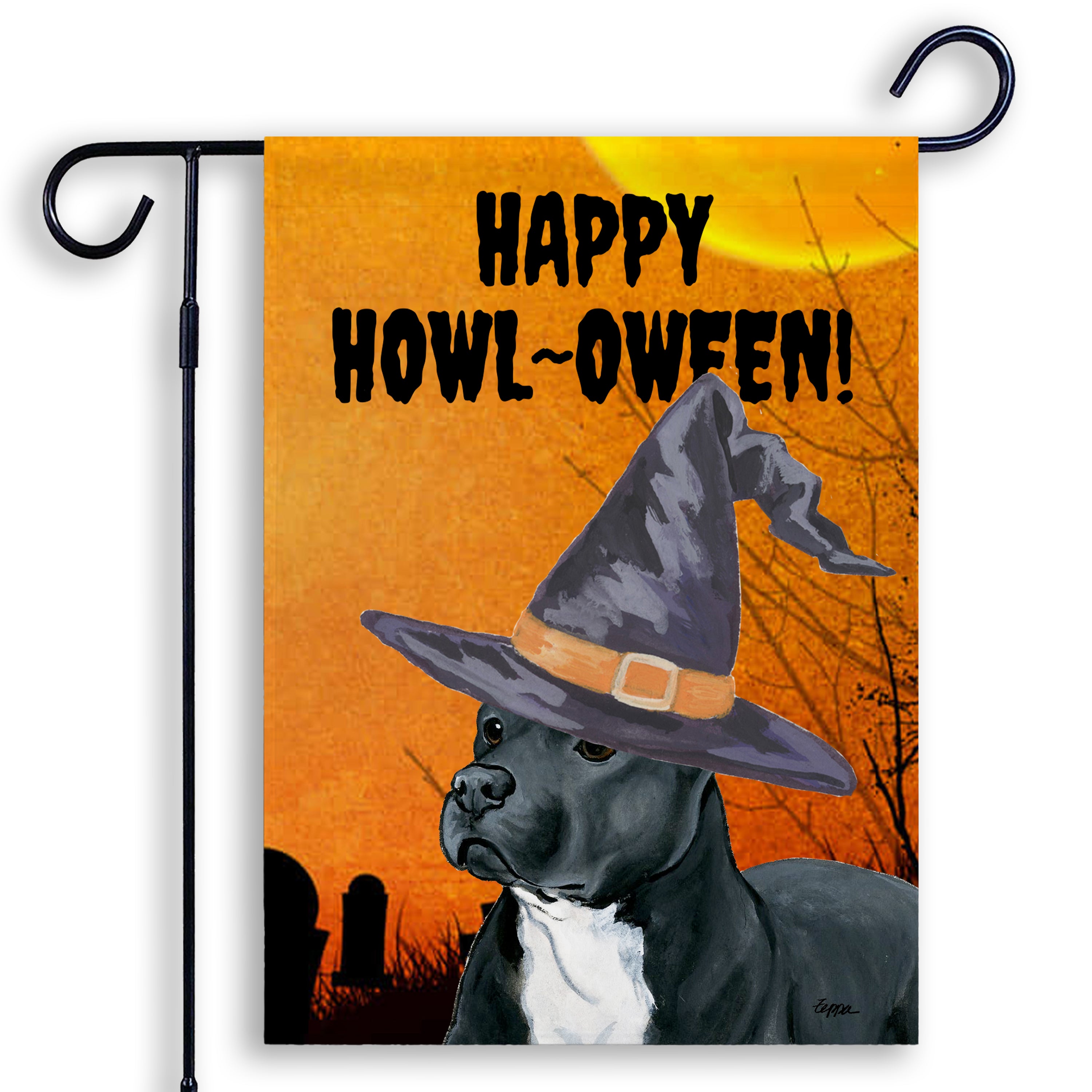 Halloween-themed garden flag with a Pit Bull wearing a witch hat and 'Happy Howl-oween!' text on an orange background.
