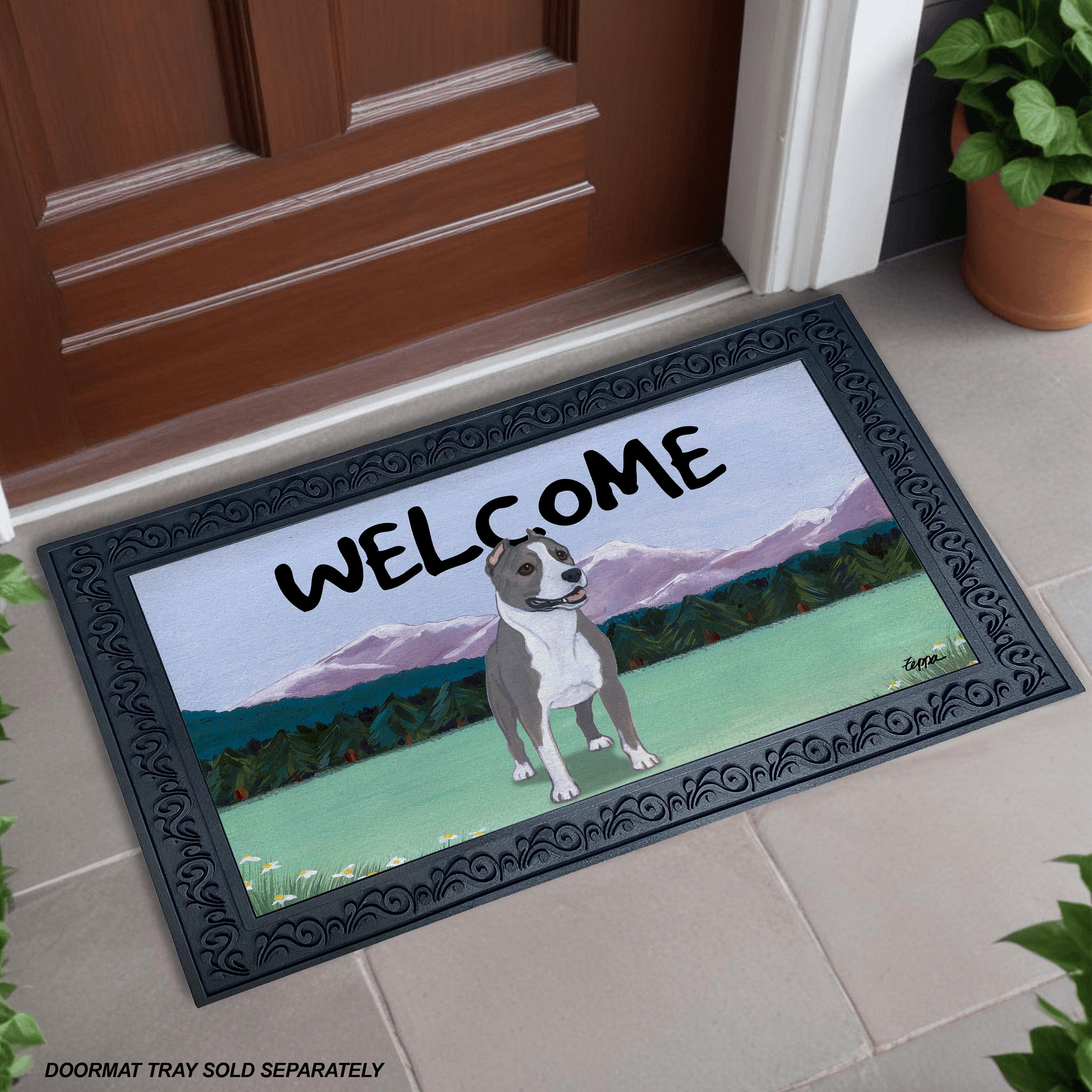 Standing Pit Bull Mountain Scene Welcome Mat